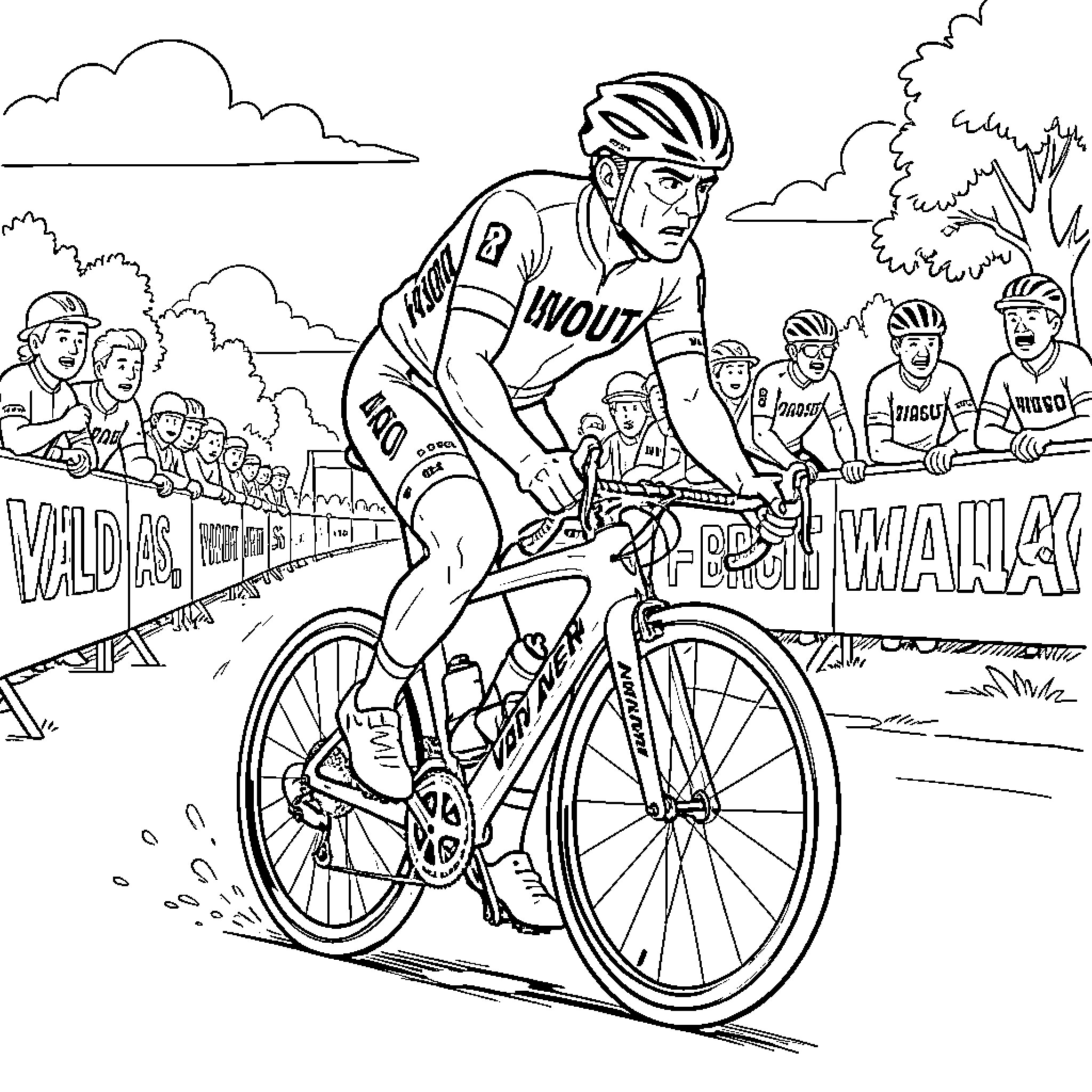 Wout van Aert competing in a cycling race Coloring Page (free black-and-white line drawing printable PDF for all, from beginners to advanced learners, including children, teens, adults, and seniors)