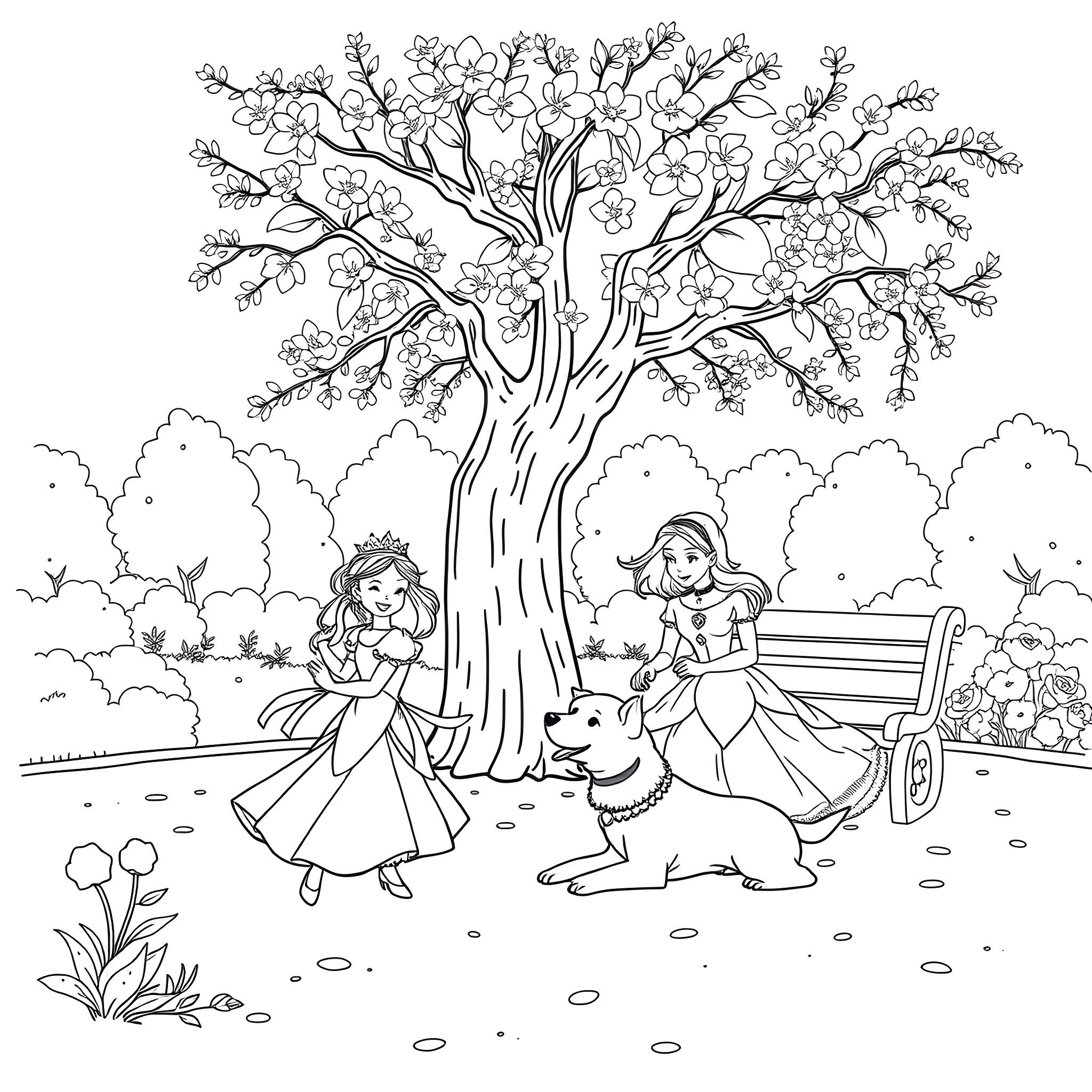 Princess Playing with Puppy in Blooming Garden Coloring Page (free black-and-white line drawing printable PDF for all, from beginners to advanced learners, including children, teens, adults, and seniors)