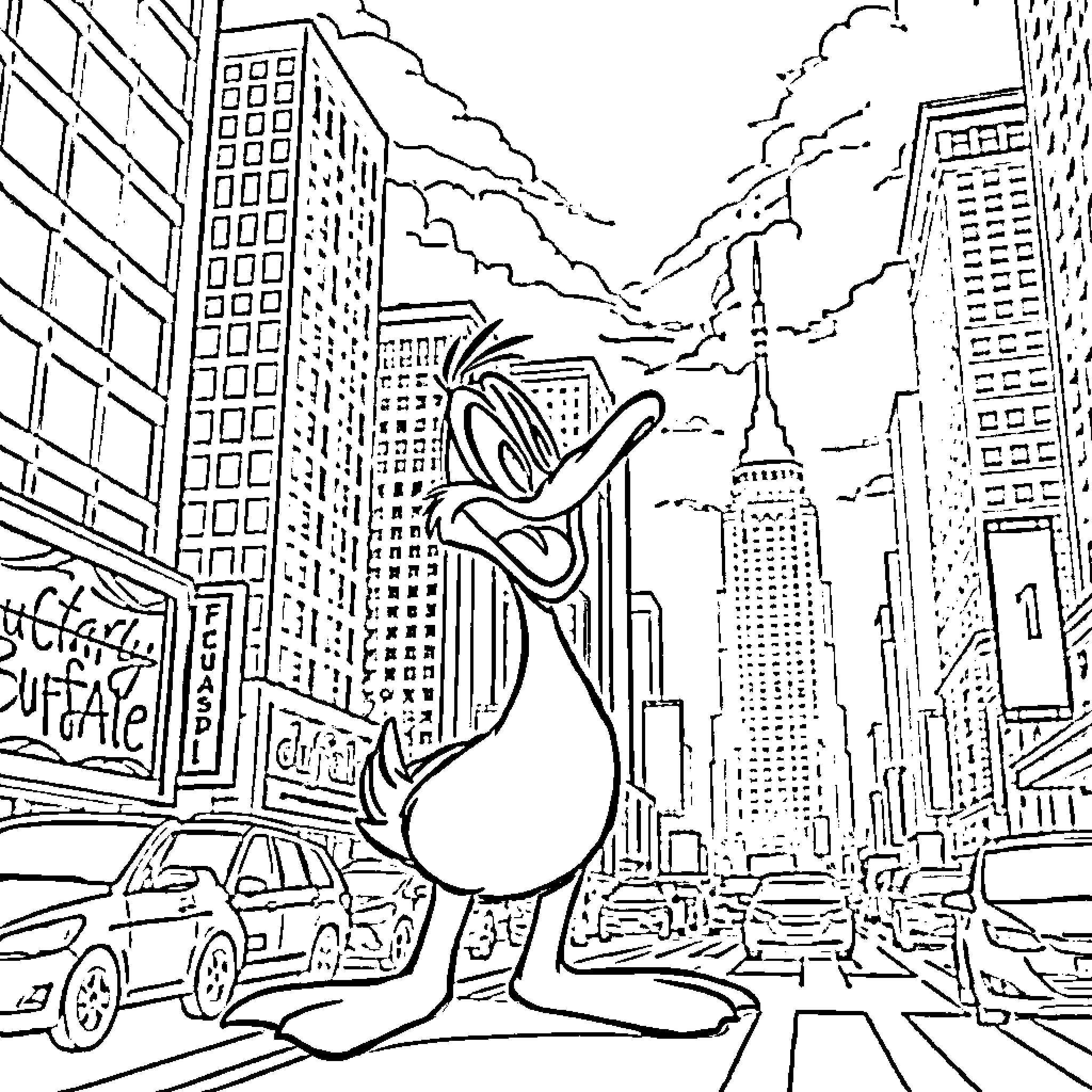 Daffy Duck enjoying the busy city streets Coloring Page (free black-and-white line drawing printable PDF for all, from beginners to advanced learners, including children, teens, adults, and seniors)