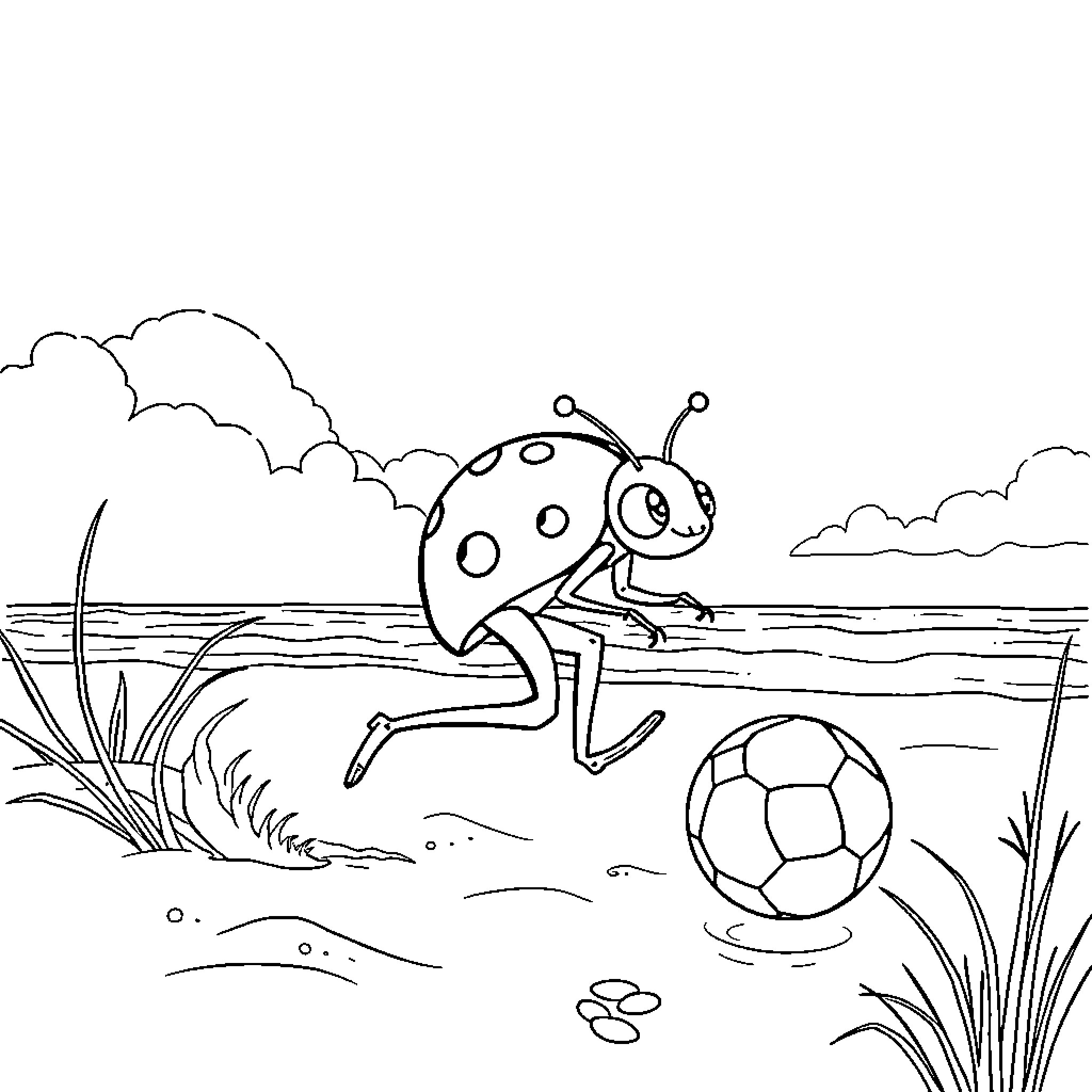 Ladybug playing with a soccer ball in a field Coloring Page (free black-and-white line drawing printable PDF for all, from beginners to advanced learners, including children, teens, adults, and seniors)