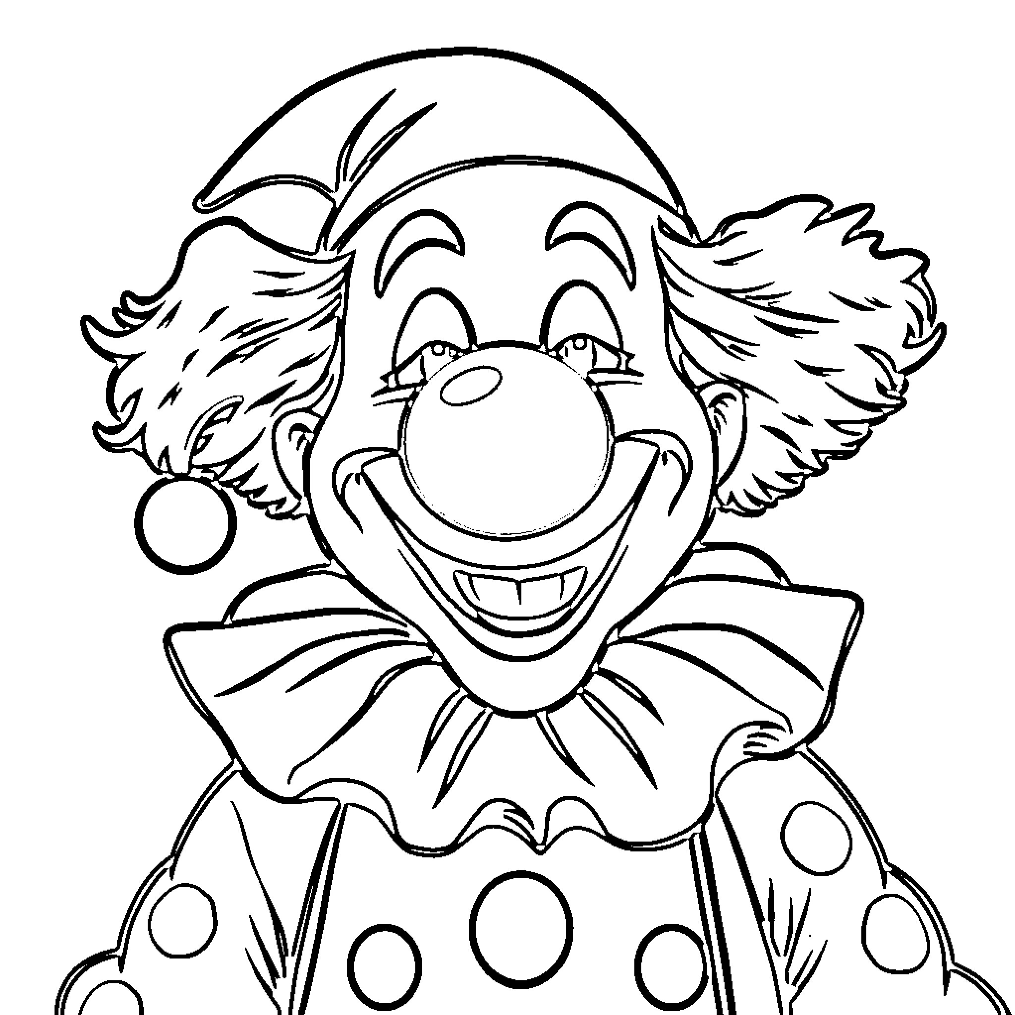 Clown with Exaggerated Facial Features and Costume Coloring Page (free black-and-white line drawing printable PDF for all, from beginners to advanced learners, including children, teens, adults, and seniors)