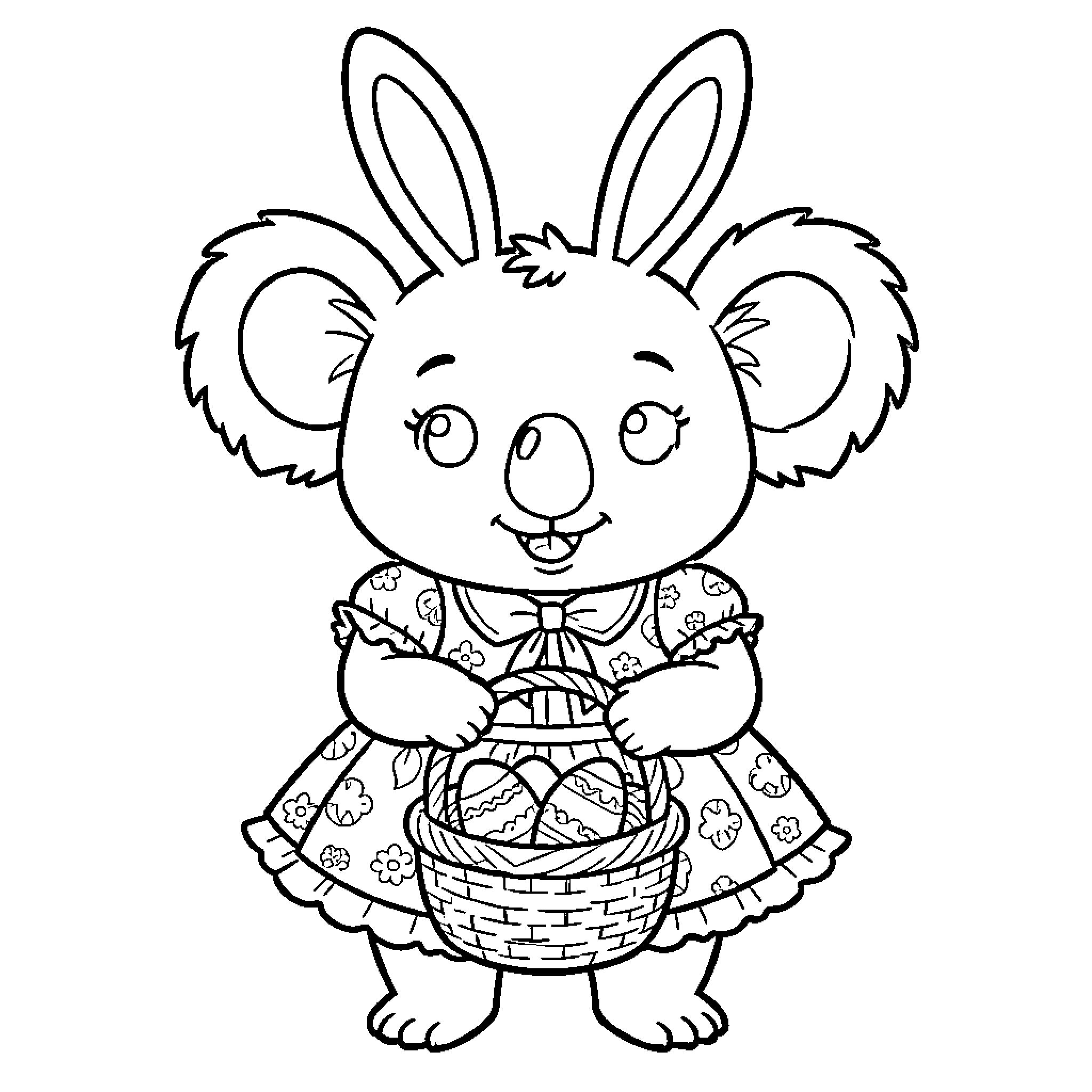 Koala wearing a dress holding a basket Coloring Page (free black-and-white line drawing printable PDF for all, from beginners to advanced learners, including children, teens, adults, and seniors)