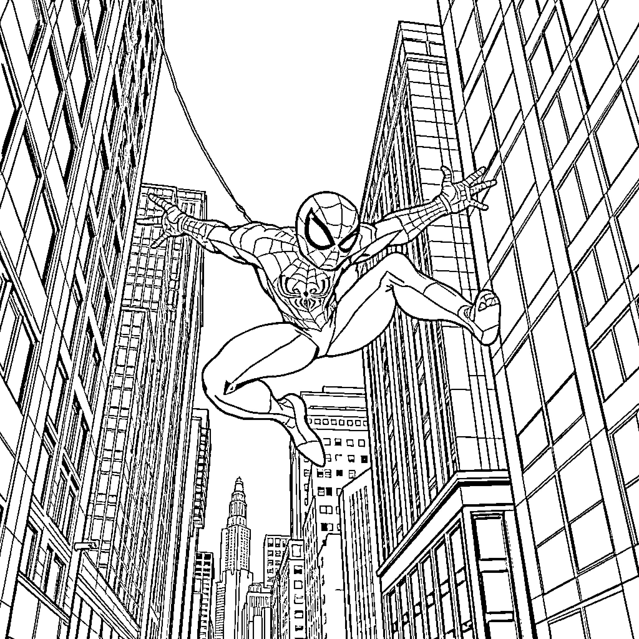 Spider-Man swinging through the city skyscrapers Coloring Page (free black-and-white line drawing printable PDF for all, from beginners to advanced learners, including children, teens, adults, and seniors)