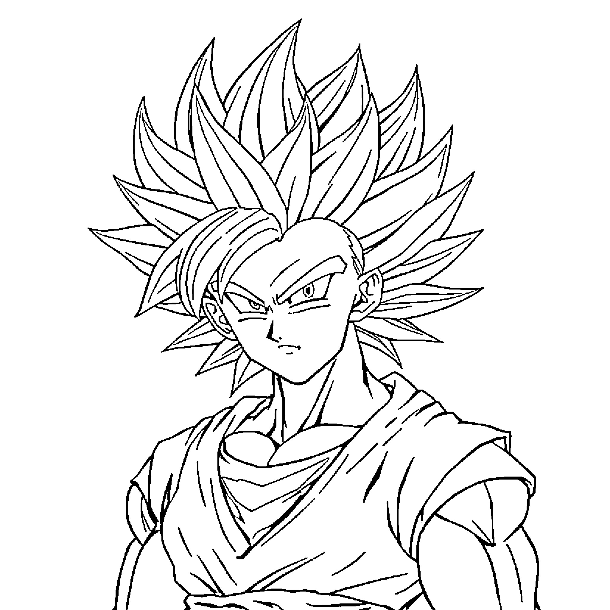 Super Saiyan Warrior's Intense Expression Coloring Page (free black-and-white line drawing printable PDF for all, from beginners to advanced learners, including children, teens, adults, and seniors)