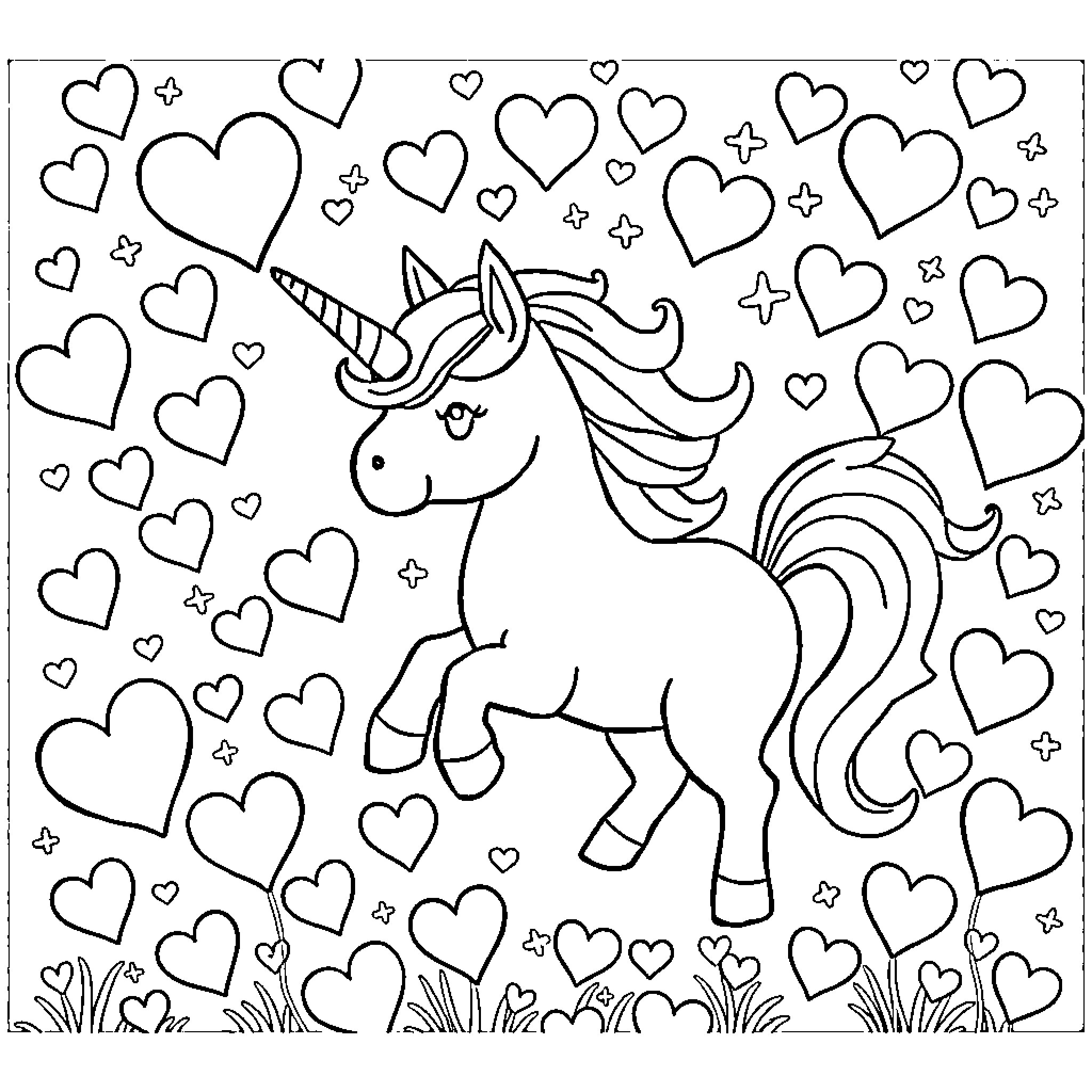Unicorn surrounded by hearts and stars Coloring Page (free black-and-white line drawing printable PDF for all, from beginners to advanced learners, including children, teens, adults, and seniors)