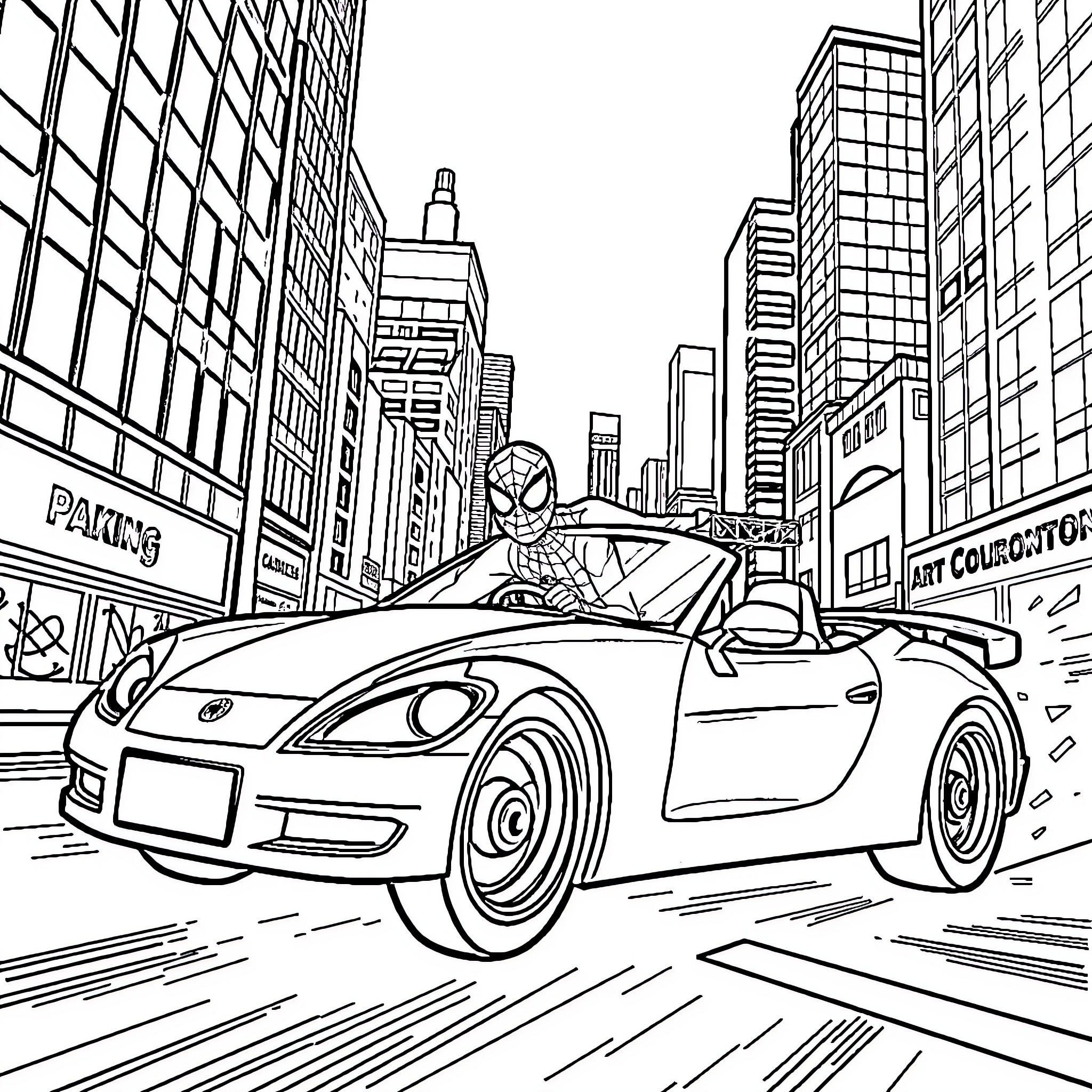Spiderman swinging through the busy city streets Coloring Page (free black-and-white line drawing printable PDF for all, from beginners to advanced learners, including children, teens, adults, and seniors)