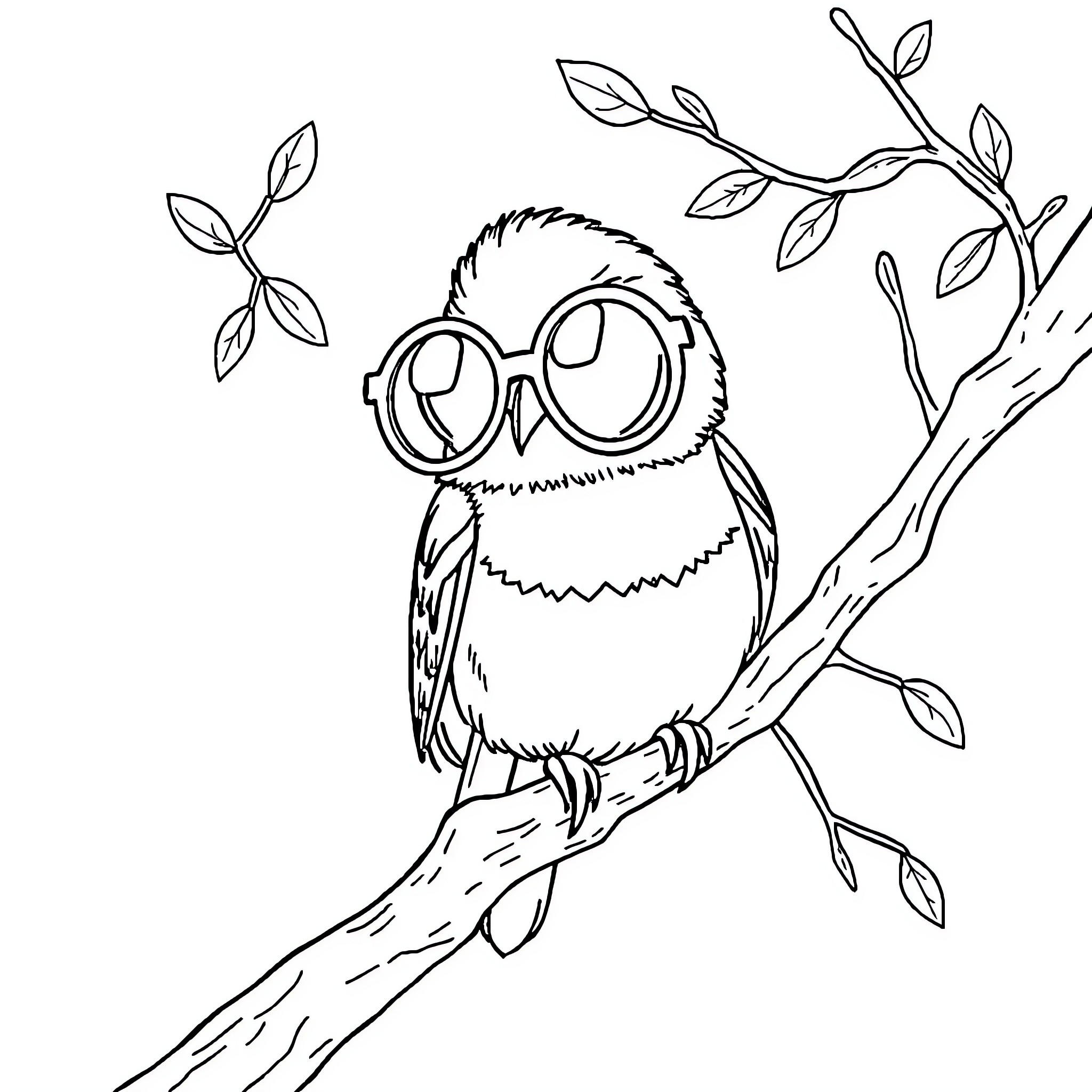 Owl with glasses perched on tree branch Coloring Page (free black-and-white line drawing printable PDF for all, from beginners to advanced learners, including children, teens, adults, and seniors)