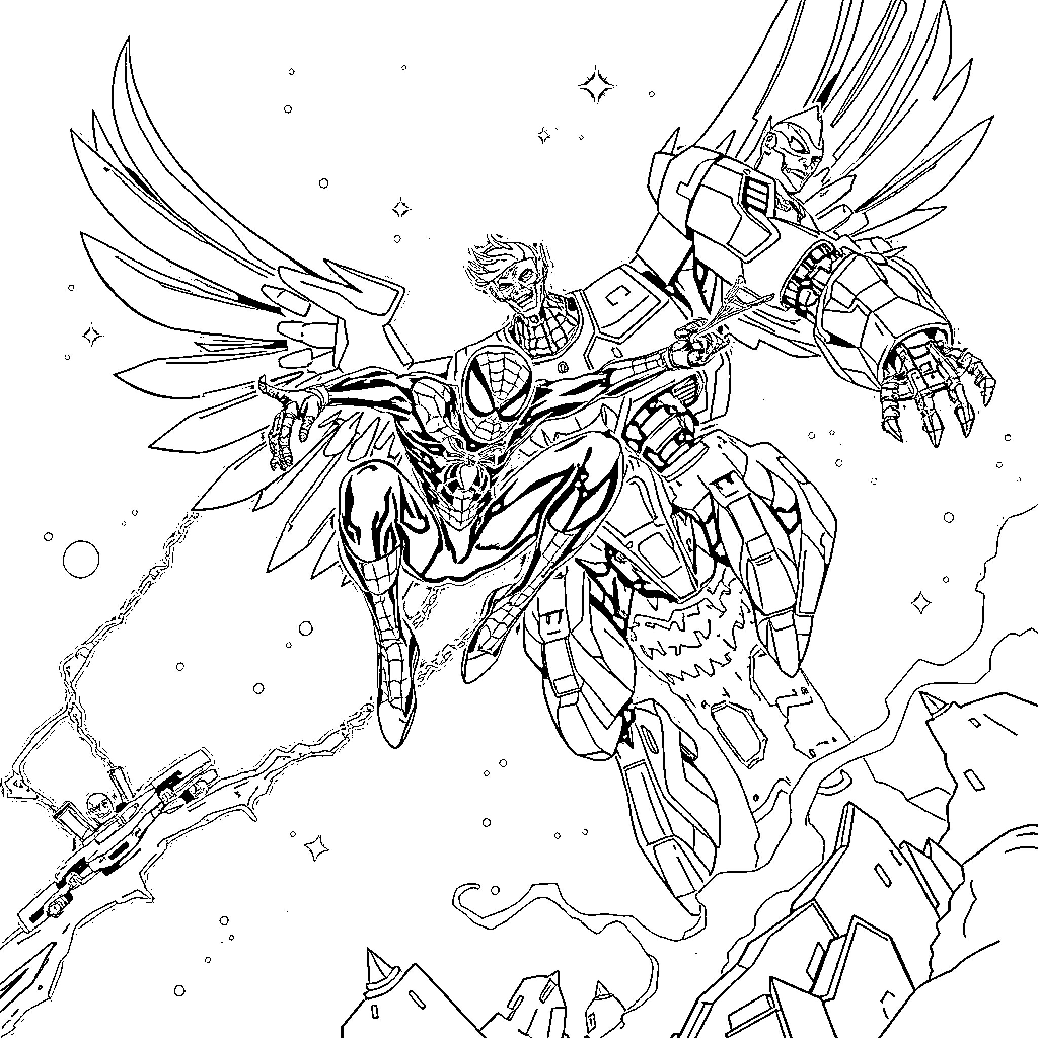 Spiderman battles a futuristic robotic foe in outer space Coloring Page (free black-and-white line drawing printable PDF for all, from beginners to advanced learners, including children, teens, adults, and seniors)