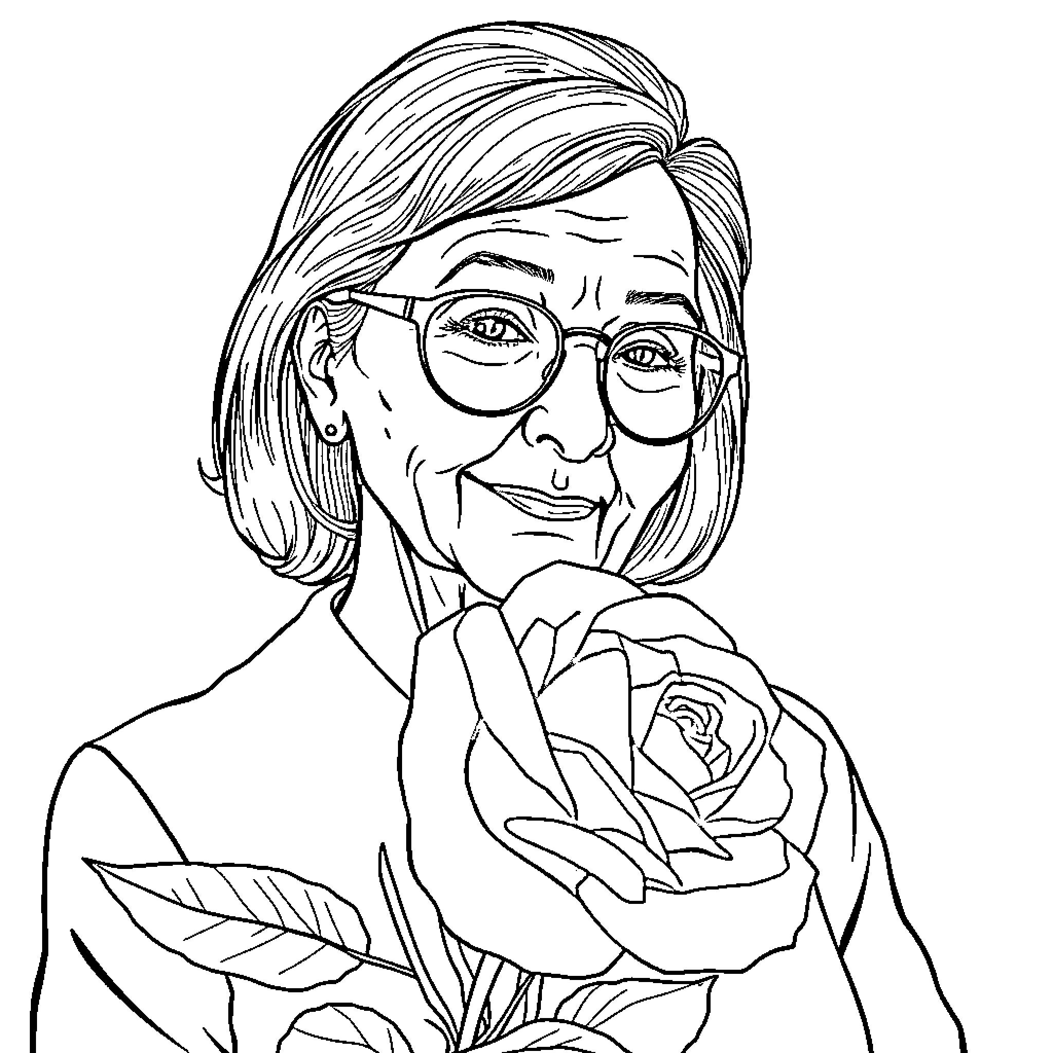 Woman holding a rose and wearing glasses Coloring Page (free black-and-white line drawing printable PDF for all, from beginners to advanced learners, including children, teens, adults, and seniors)