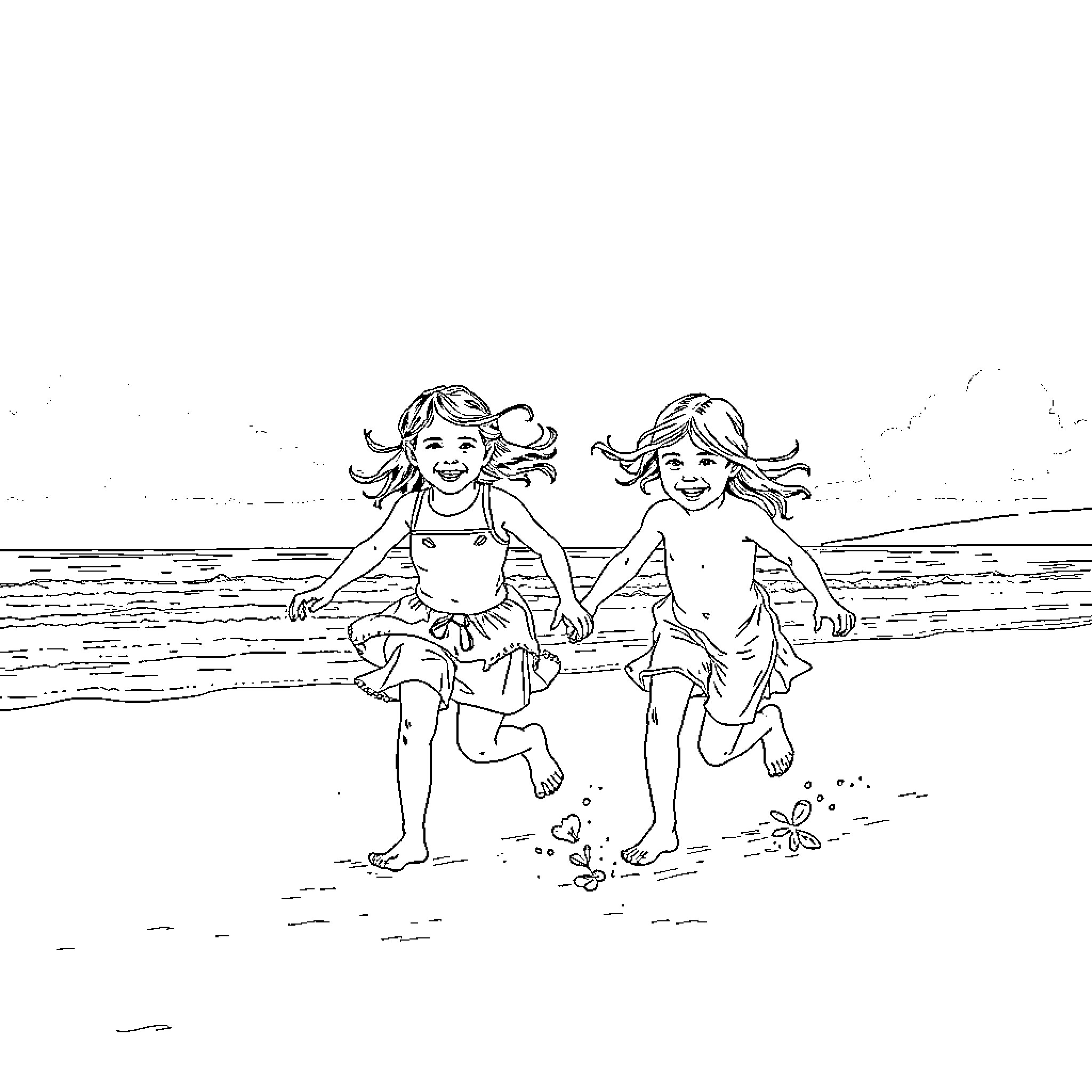 Girls Playing Joyfully on the Beach Coloring Page (free black-and-white line drawing printable PDF for all, from beginners to advanced learners, including children, teens, adults, and seniors)