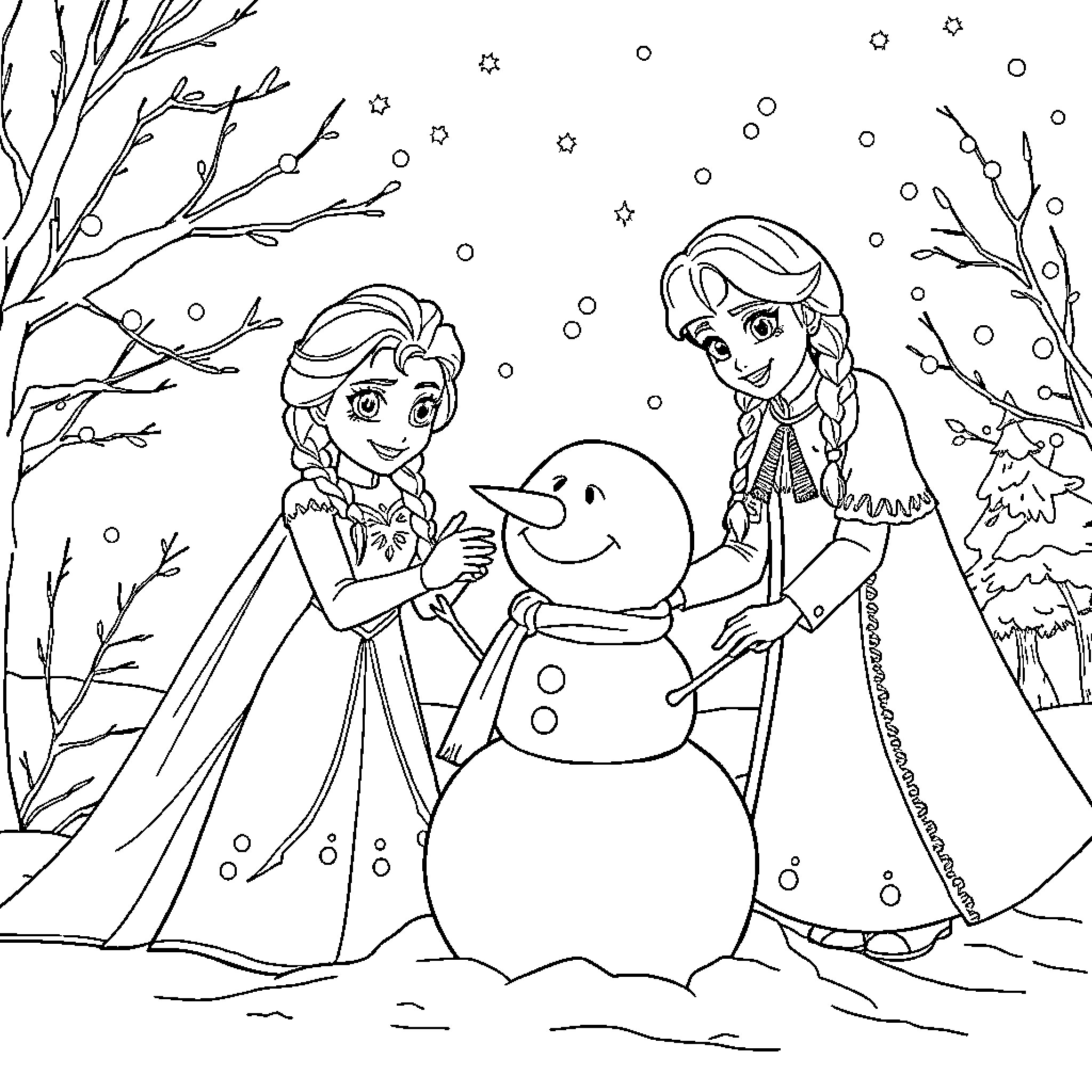 Elsa and Anna building a snowman in the winter wonderland Coloring Page (free black-and-white line drawing printable PDF for all, from beginners to advanced learners, including children, teens, adults, and seniors)