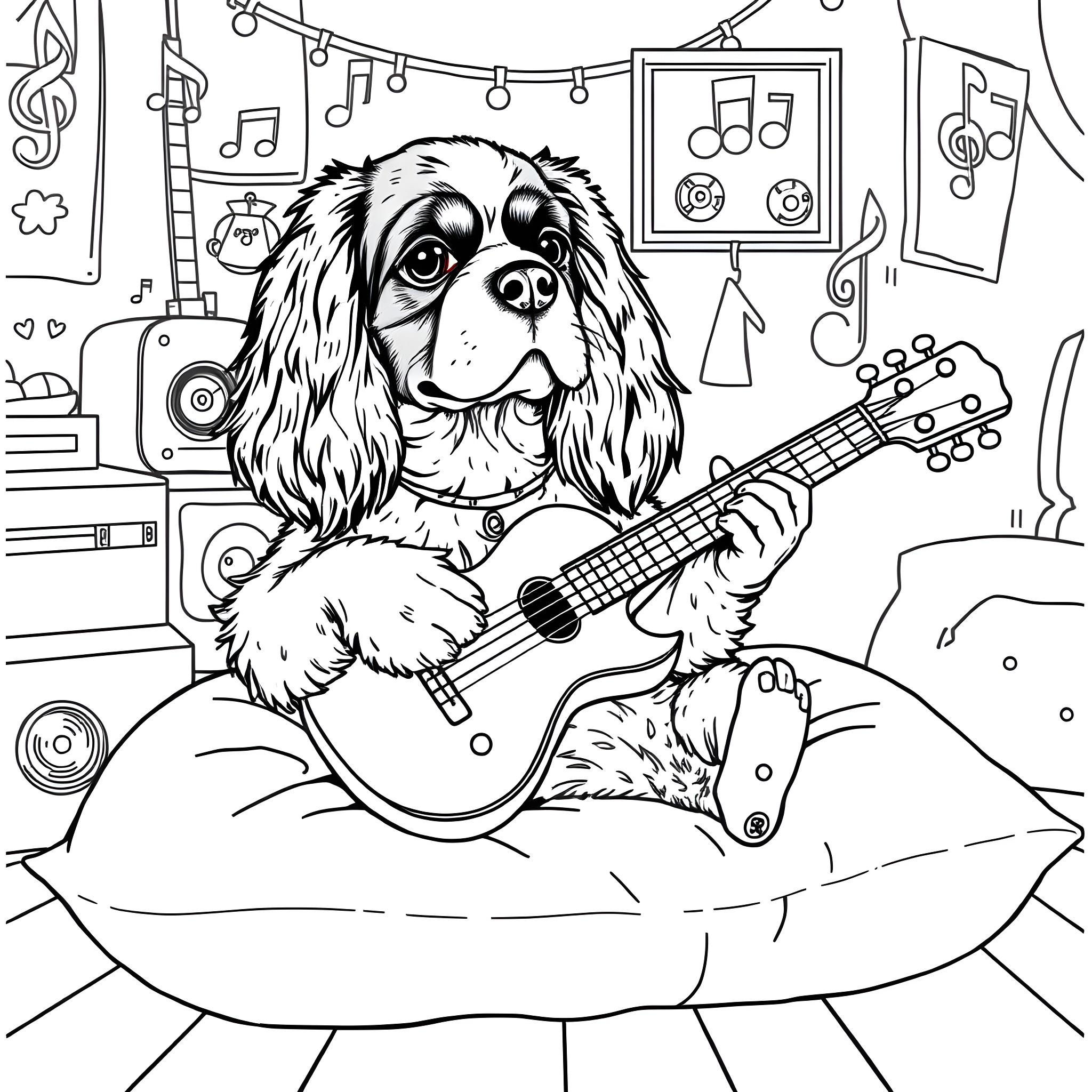 Cavalier King Charles Spaniel playing guitar in a music-filled room Coloring Page (free black-and-white line drawing printable PDF for all, from beginners to advanced learners, including children, teens, adults, and seniors)