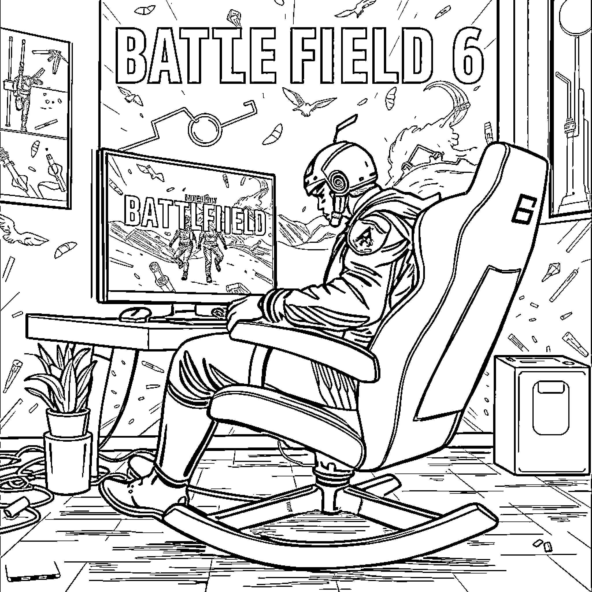 Gamer intensely playing Battlefield 6 video game Coloring Page (free black-and-white line drawing printable PDF for all, from beginners to advanced learners, including children, teens, adults, and seniors)