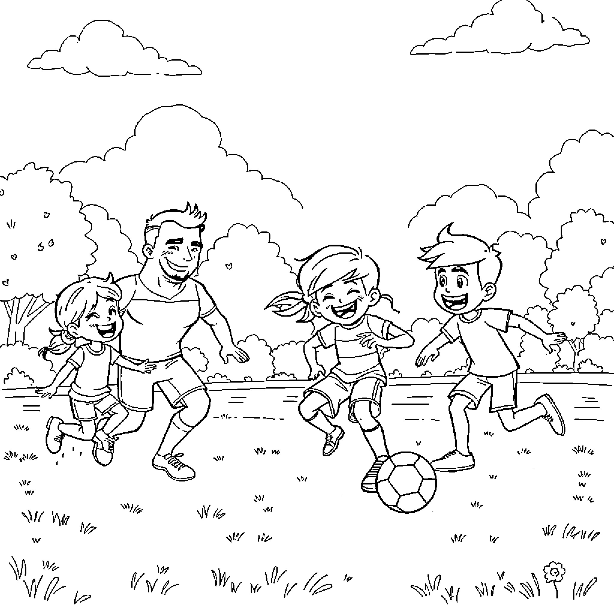 Thunderman family playing soccer together happily Coloring Page (free black-and-white line drawing printable PDF for all, from beginners to advanced learners, including children, teens, adults, and seniors)