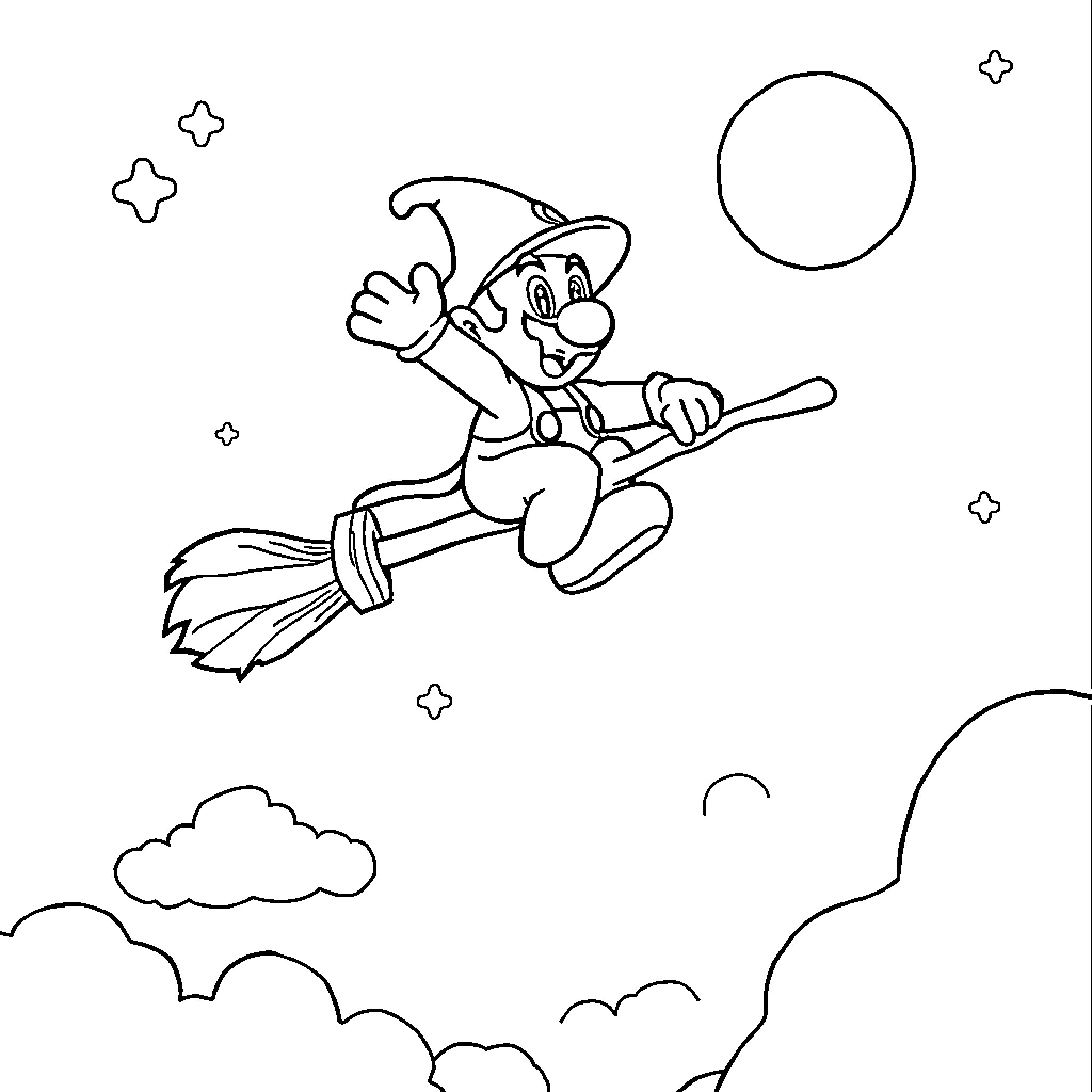 Mario flying happily on a broomstick in the night sky Coloring Page (free black-and-white line drawing printable PDF for all, from beginners to advanced learners, including children, teens, adults, and seniors)