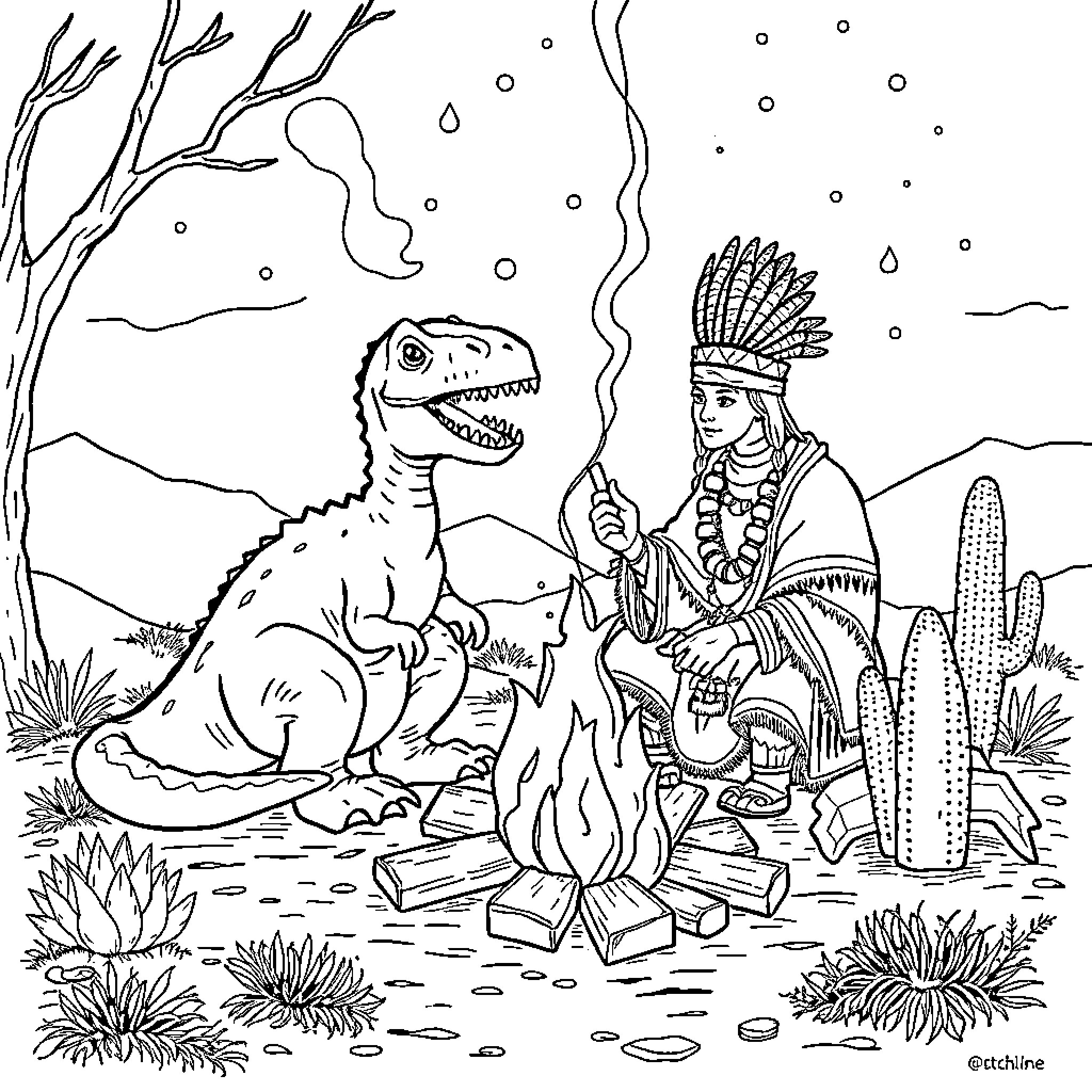 Dinosaur and Native American enjoying campfire Coloring Page (free black-and-white line drawing printable PDF for all, from beginners to advanced learners, including children, teens, adults, and seniors)