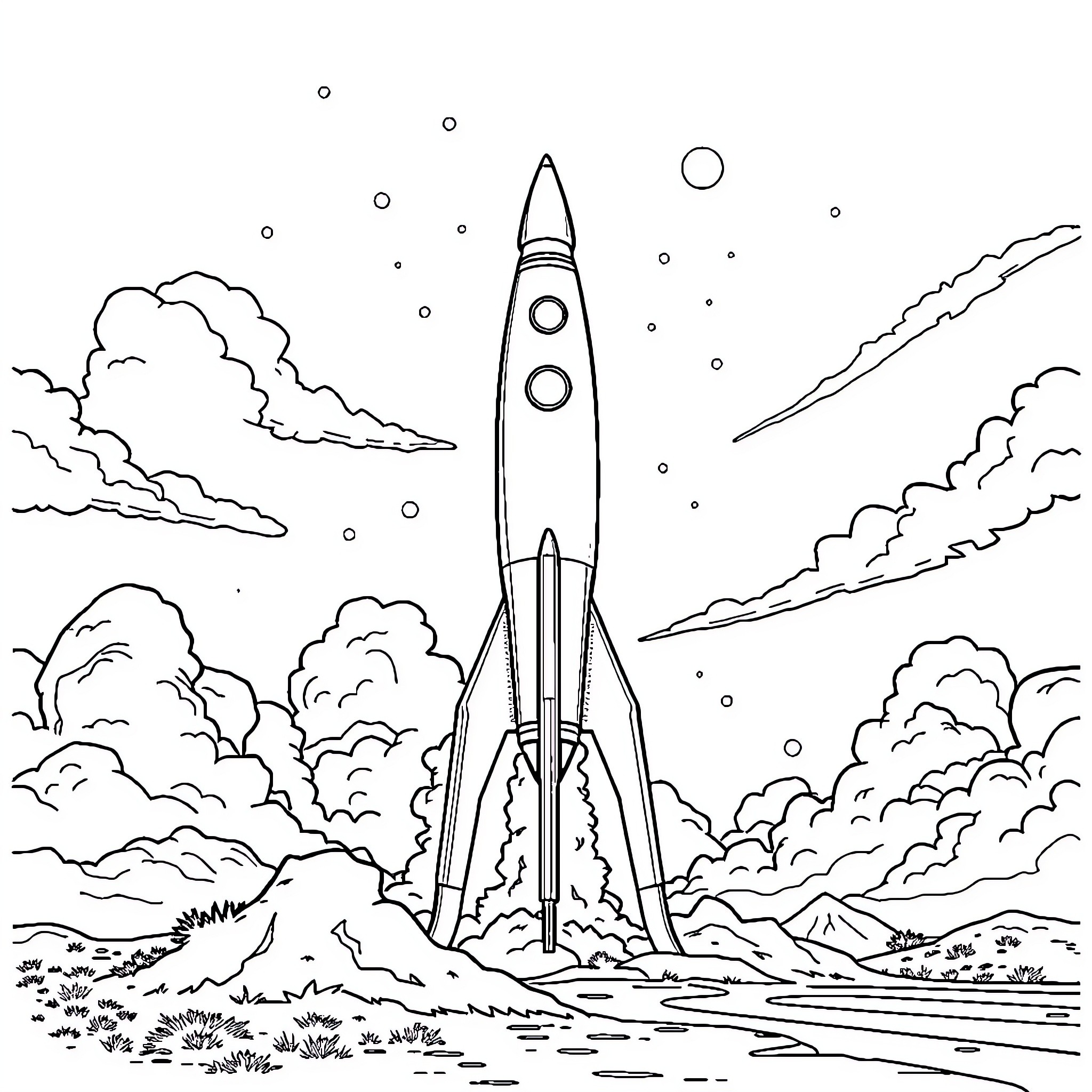 Rocket Blasting Off into the Starry Sky Coloring Page (free black-and-white line drawing printable PDF for all, from beginners to advanced learners, including children, teens, adults, and seniors)