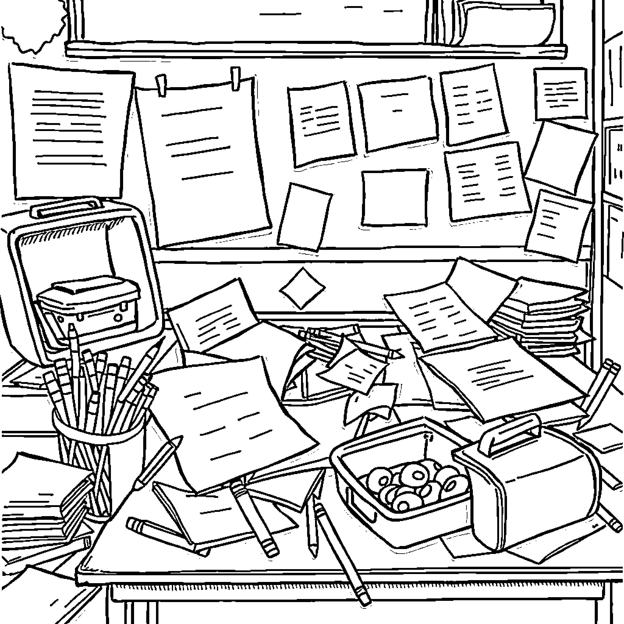 Desk with Scattered Papers and Office Supplies Coloring Page (free black-and-white line drawing printable PDF for all, from beginners to advanced learners, including children, teens, adults, and seniors)