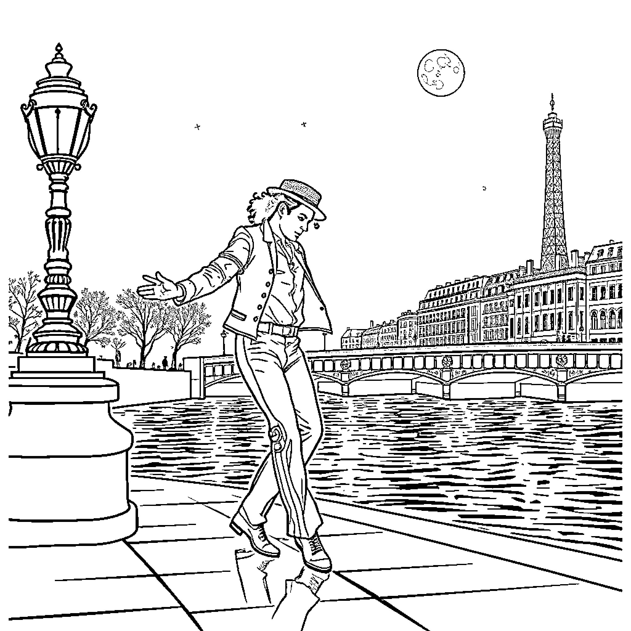 Michael Jackson Dancing on the Streets of Paris Coloring Page (free black-and-white line drawing printable PDF for all, from beginners to advanced learners, including children, teens, adults, and seniors)