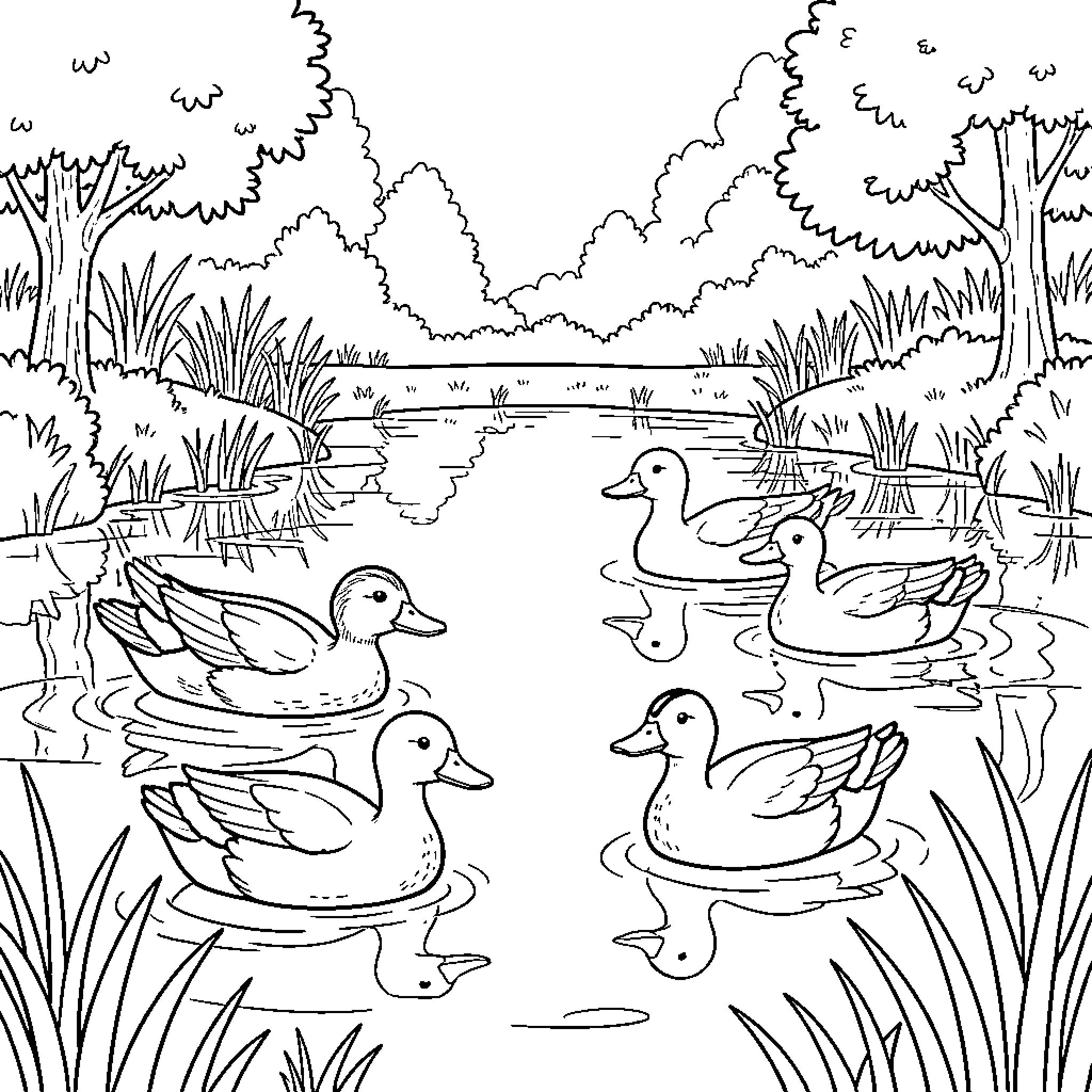 Duck family swimming in the pond Coloring Page (free black-and-white line drawing printable PDF for all, from beginners to advanced learners, including children, teens, adults, and seniors)
