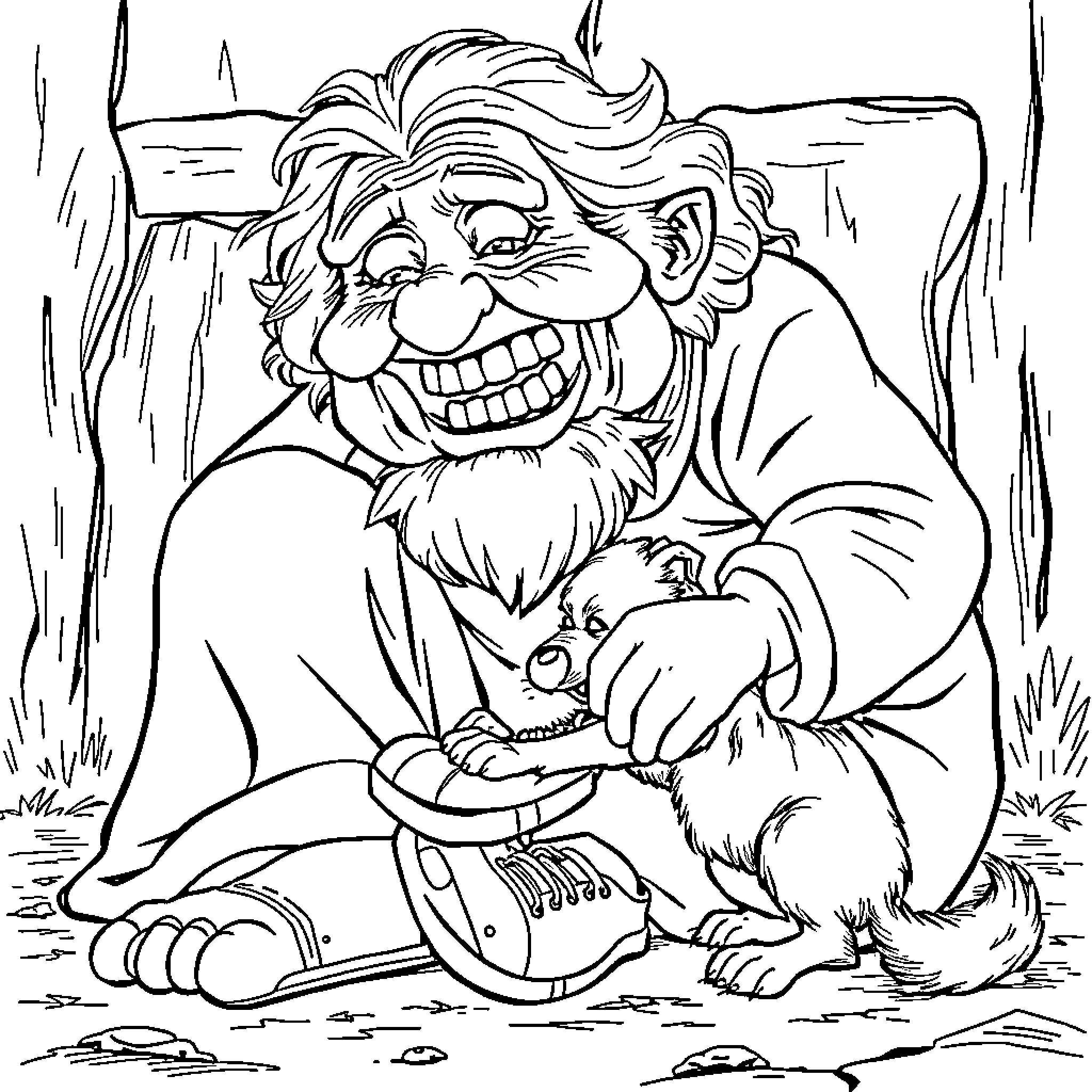 Dog playing with small animal in the forest Coloring Page (free black-and-white line drawing printable PDF for all, from beginners to advanced learners, including children, teens, adults, and seniors)