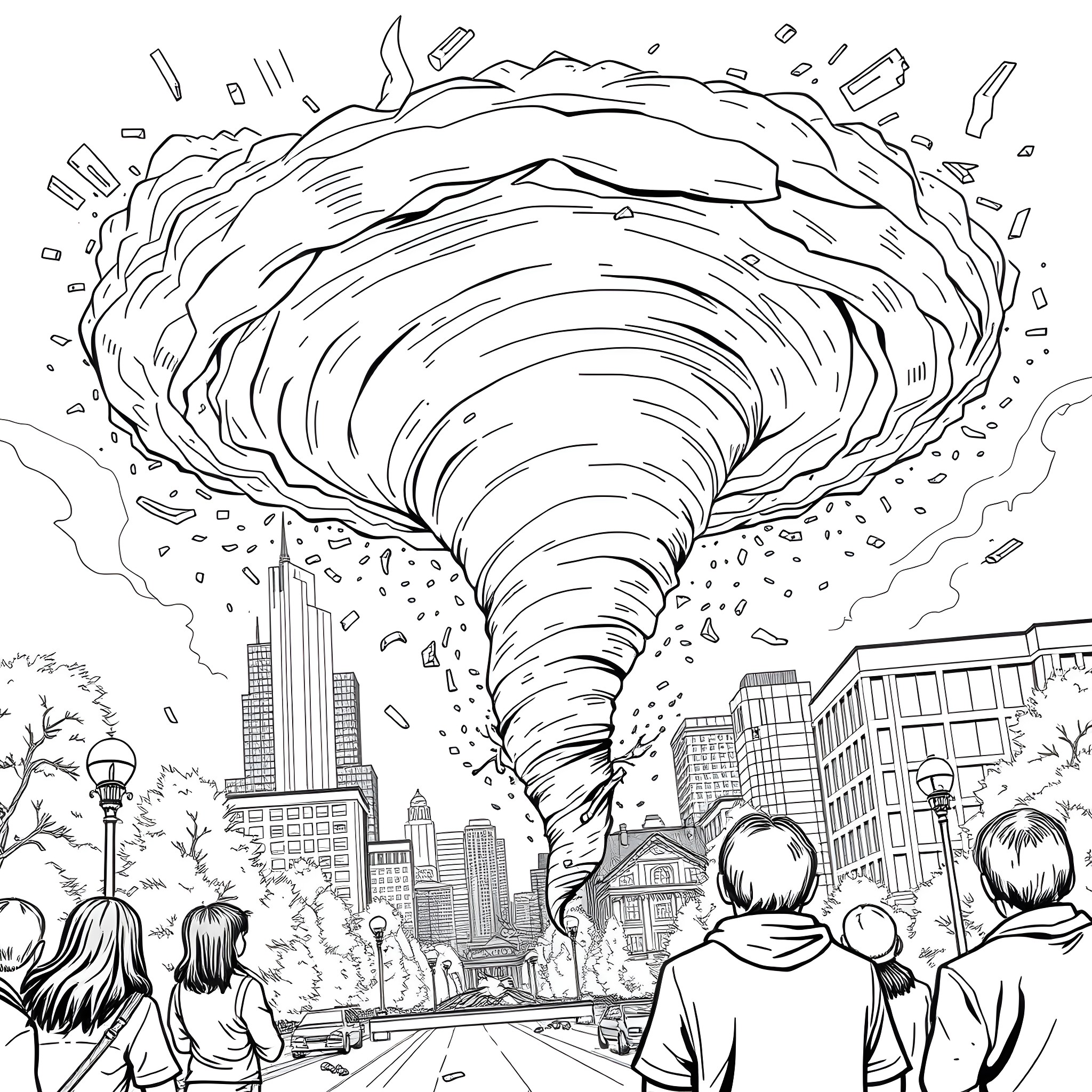 Tornado wreaking havoc in the city Coloring Page (free black-and-white line drawing printable PDF for all, from beginners to advanced learners, including children, teens, adults, and seniors)