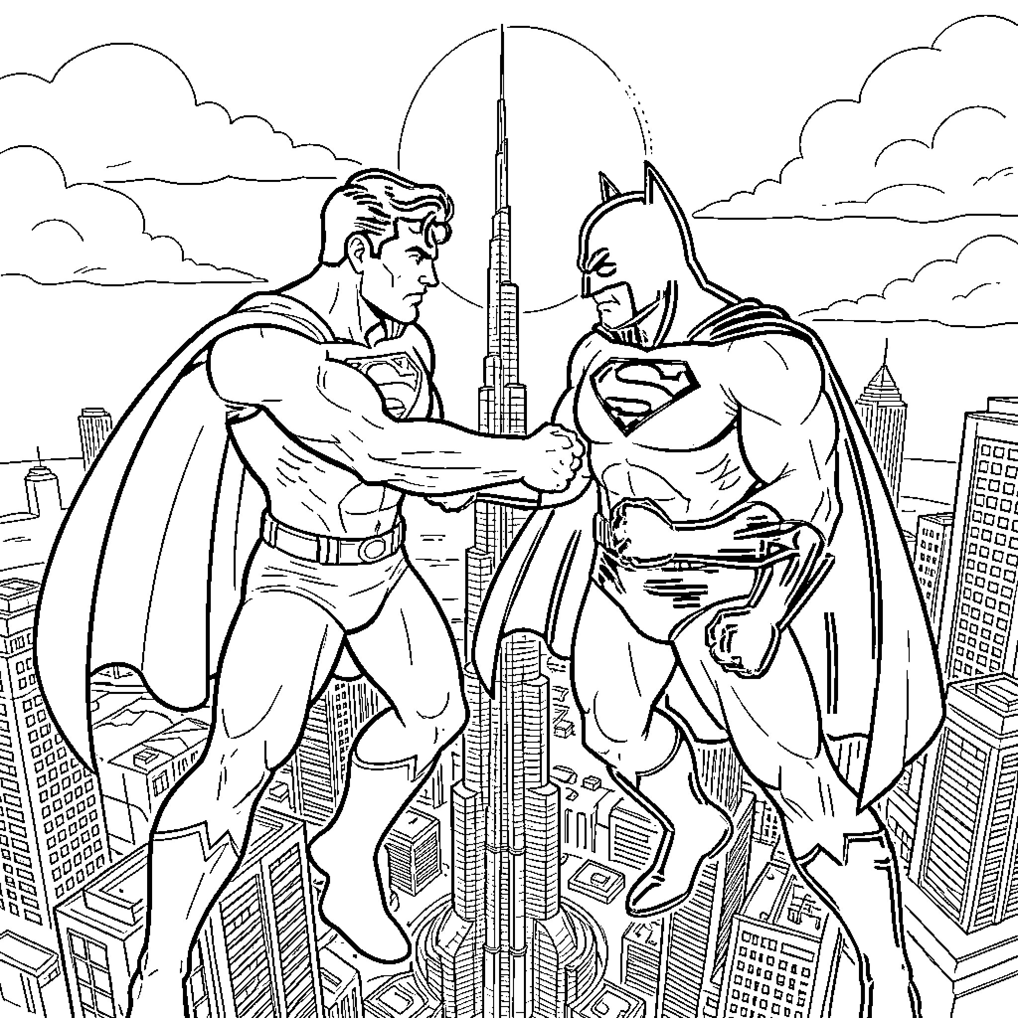 Superman confronting Batman in a high-rise city battle Coloring Page (free black-and-white line drawing printable PDF for all, from beginners to advanced learners, including children, teens, adults, and seniors)