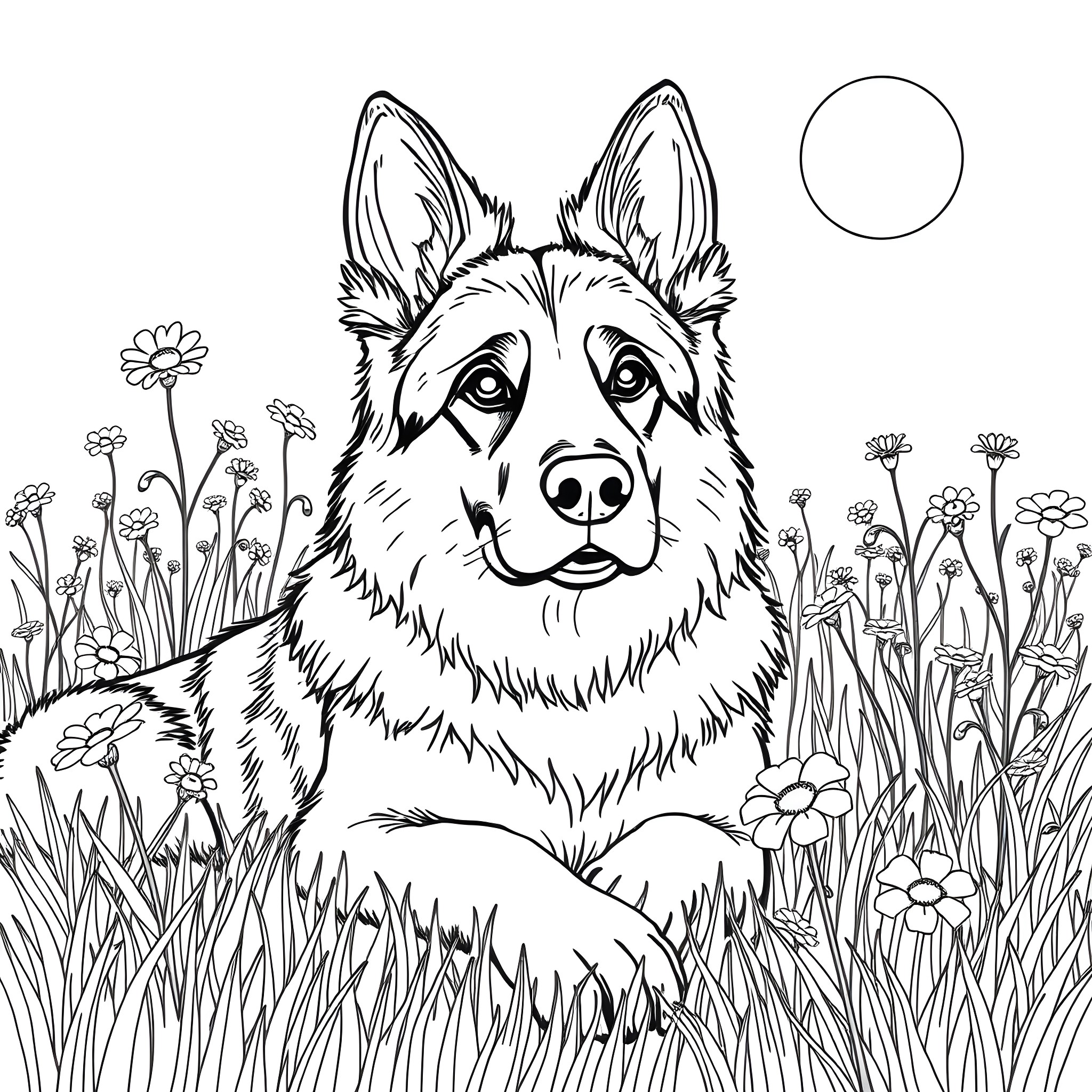 German Shepherd relaxing in the field of flowers Coloring Page (free black-and-white line drawing printable PDF for all, from beginners to advanced learners, including children, teens, adults, and seniors)