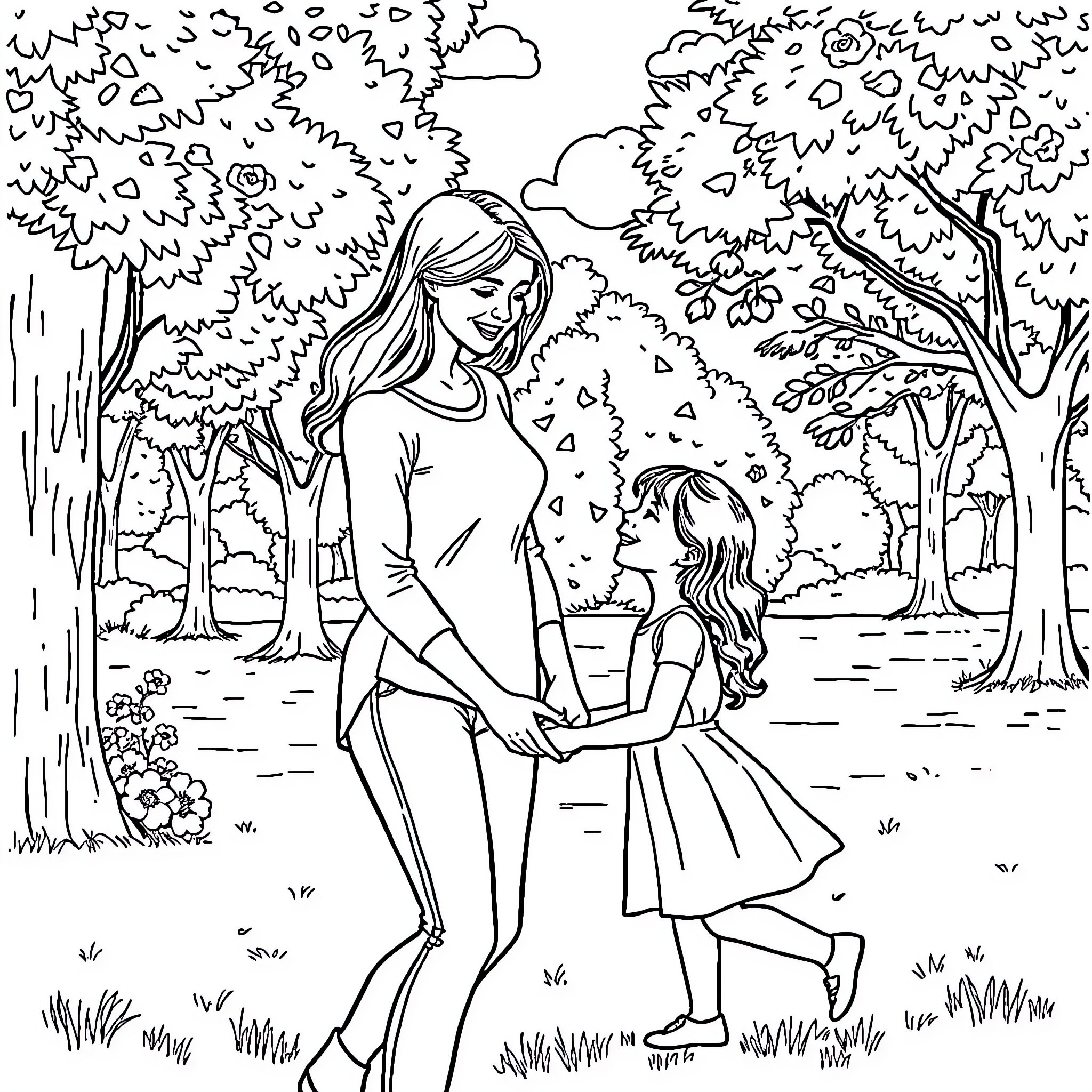 Mother and Daughter Embrace in Nature Coloring Page (free black-and-white line drawing printable PDF for all, from beginners to advanced learners, including children, teens, adults, and seniors)