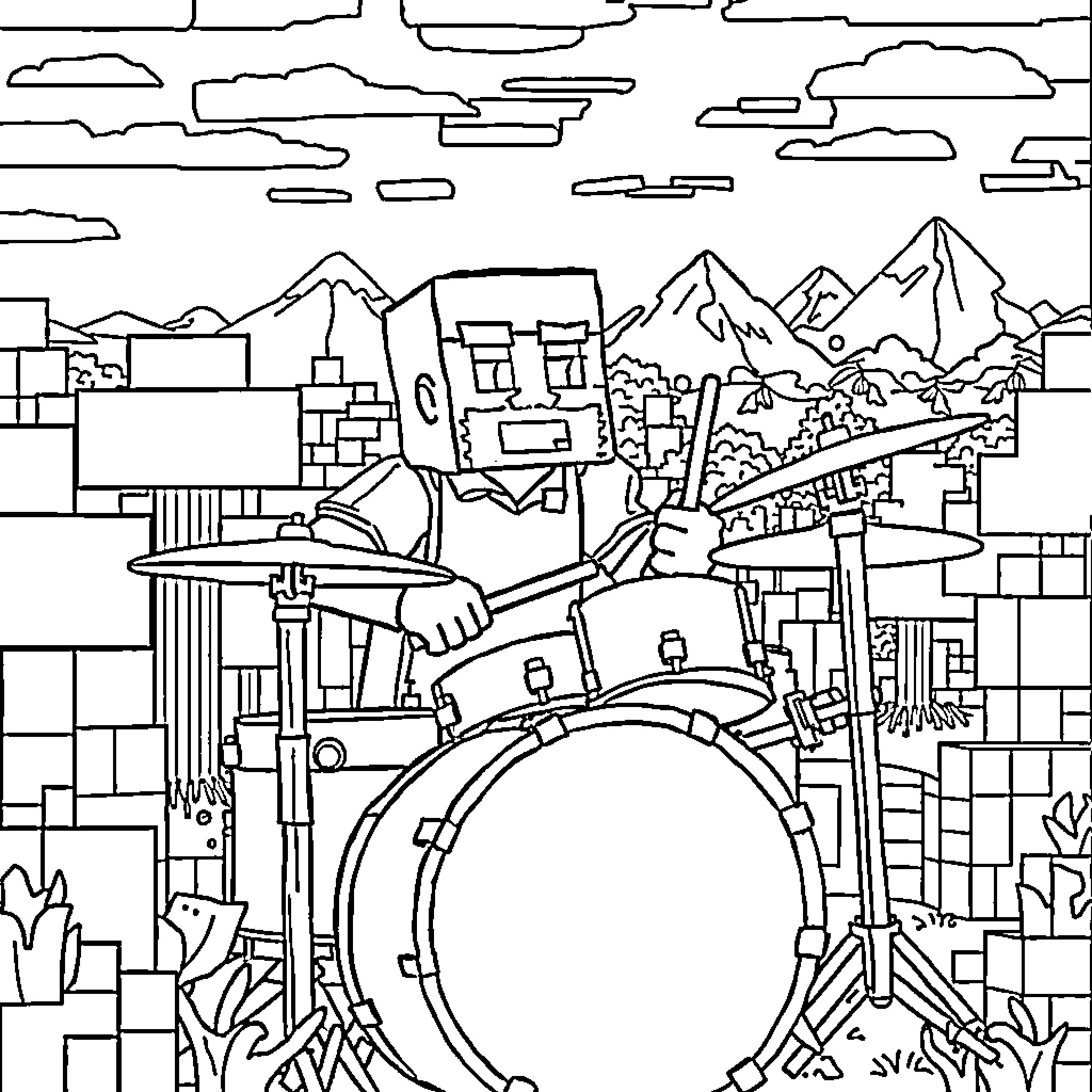 Jack Black rocking out on drums in a surreal landscape Coloring Page (free black-and-white line drawing printable PDF for all, from beginners to advanced learners, including children, teens, adults, and seniors)