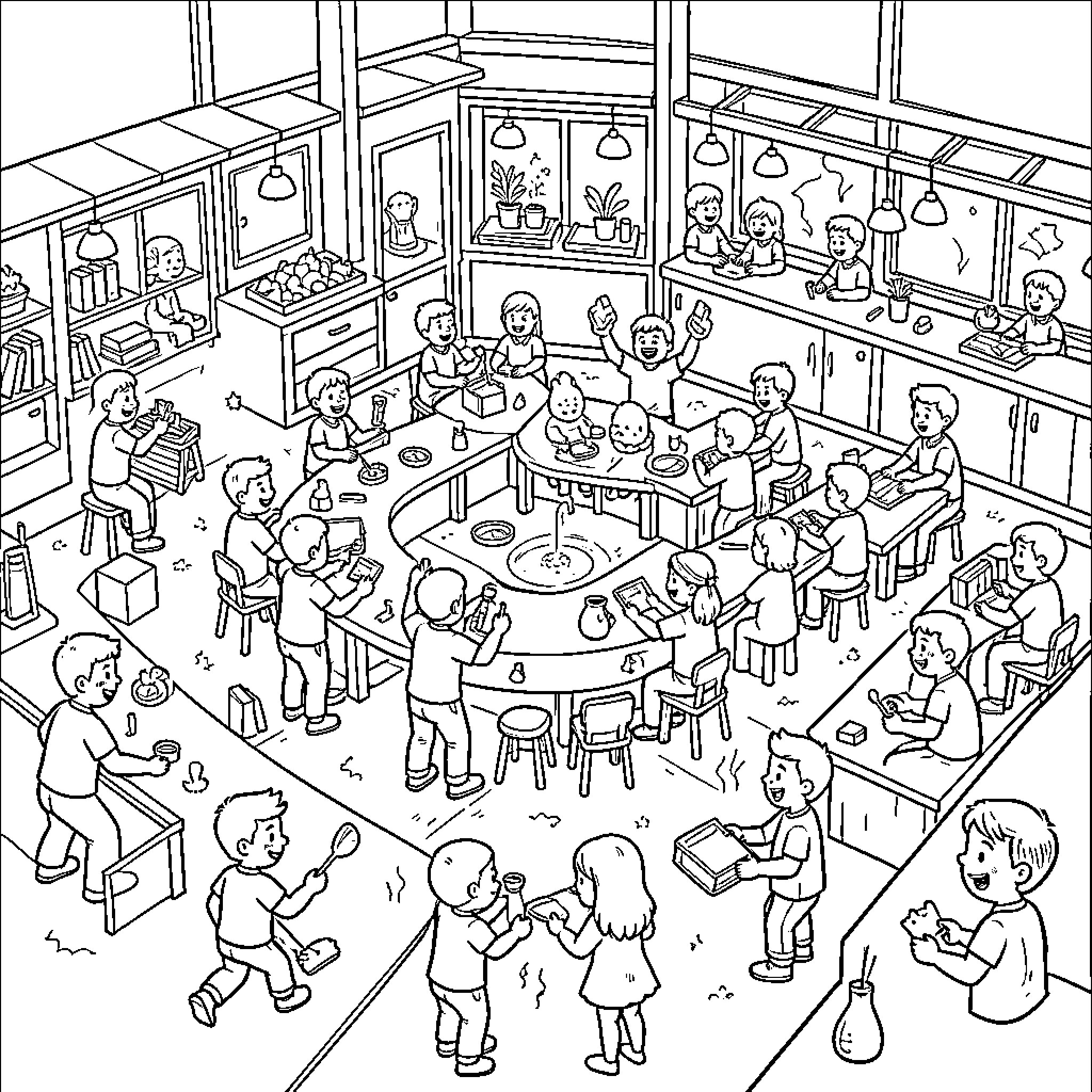 Nucleus of children engaging in various classroom activities Coloring Page (free black-and-white line drawing printable PDF for all, from beginners to advanced learners, including children, teens, adults, and seniors)