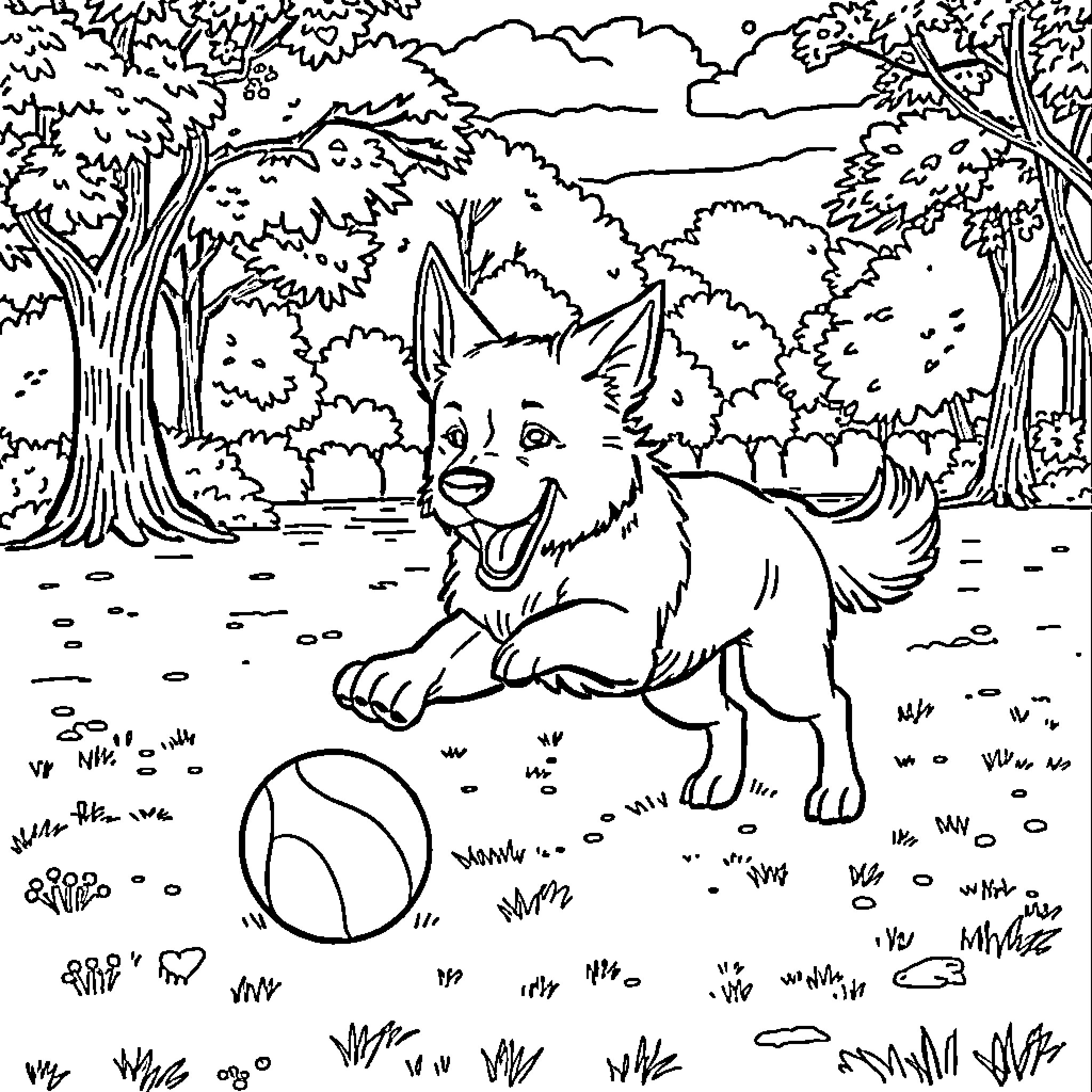 Dog playing with a ball in a forest Coloring Page (free black-and-white line drawing printable PDF for all, from beginners to advanced learners, including children, teens, adults, and seniors)