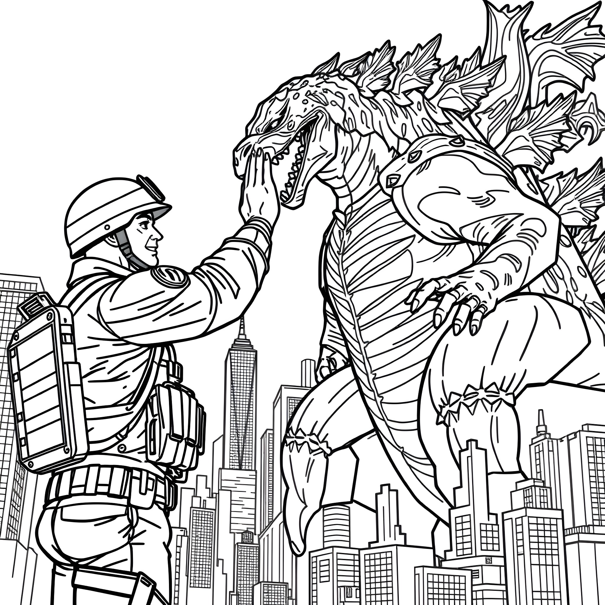 Soldier 76 confronting a monstrous creature in the city Coloring Page (free black-and-white line drawing printable PDF for all, from beginners to advanced learners, including children, teens, adults, and seniors)