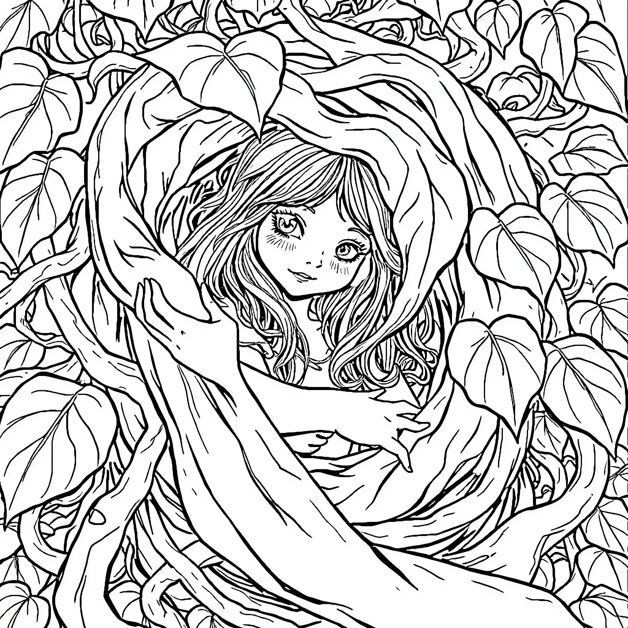 Girl exploring a lush, leafy forest scene Coloring Page (free black-and-white line drawing printable PDF for all, from beginners to advanced learners, including children, teens, adults, and seniors)