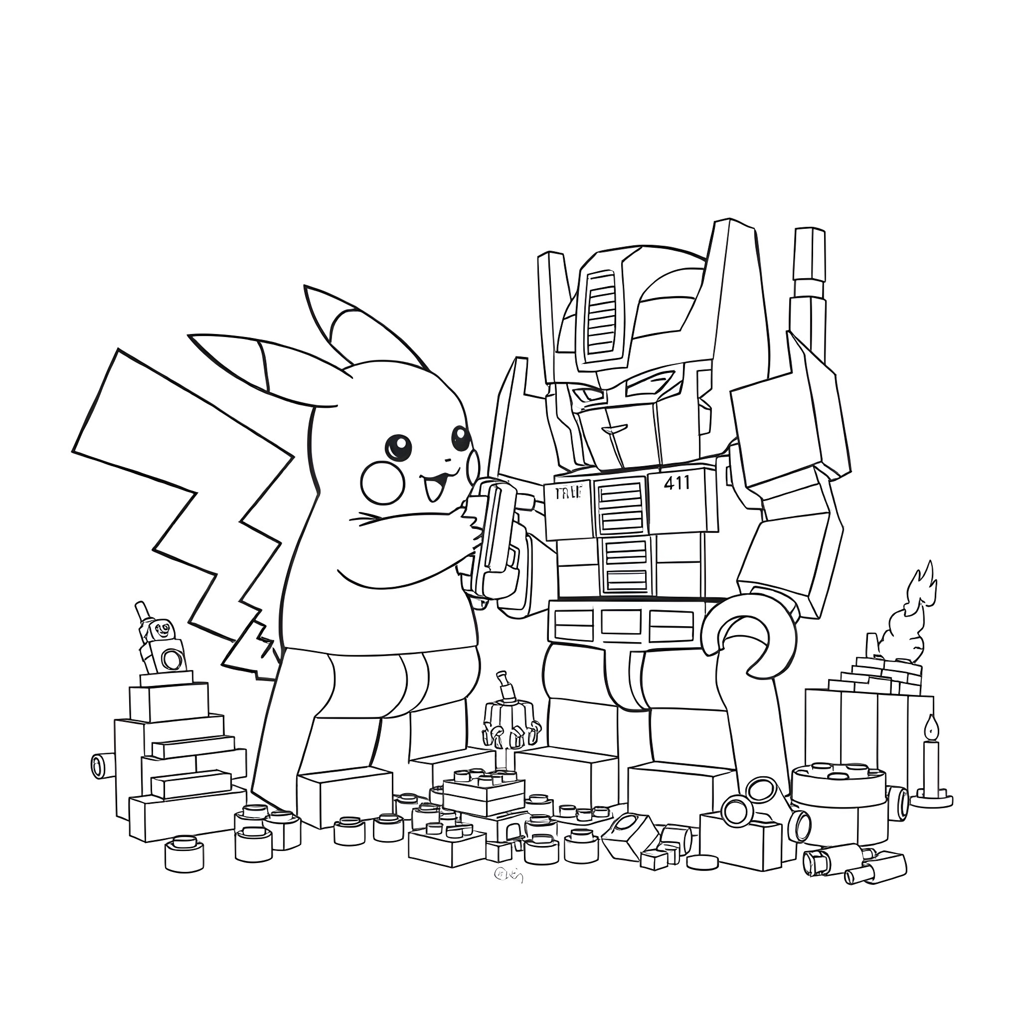 Pikachu assisting Transformers in the workshop Coloring Page (free black-and-white line drawing printable PDF for all, from beginners to advanced learners, including children, teens, adults, and seniors)