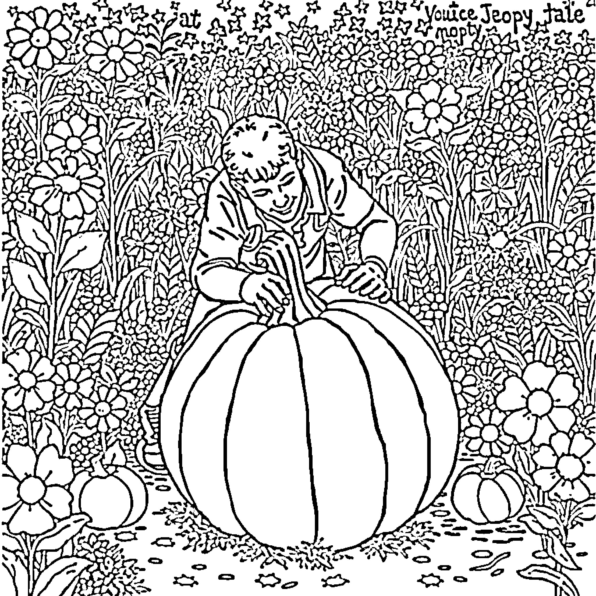 Man in elaborate costume sitting on pumpkin amid flowers Coloring Page (free black-and-white line drawing printable PDF for all, from beginners to advanced learners, including children, teens, adults, and seniors)