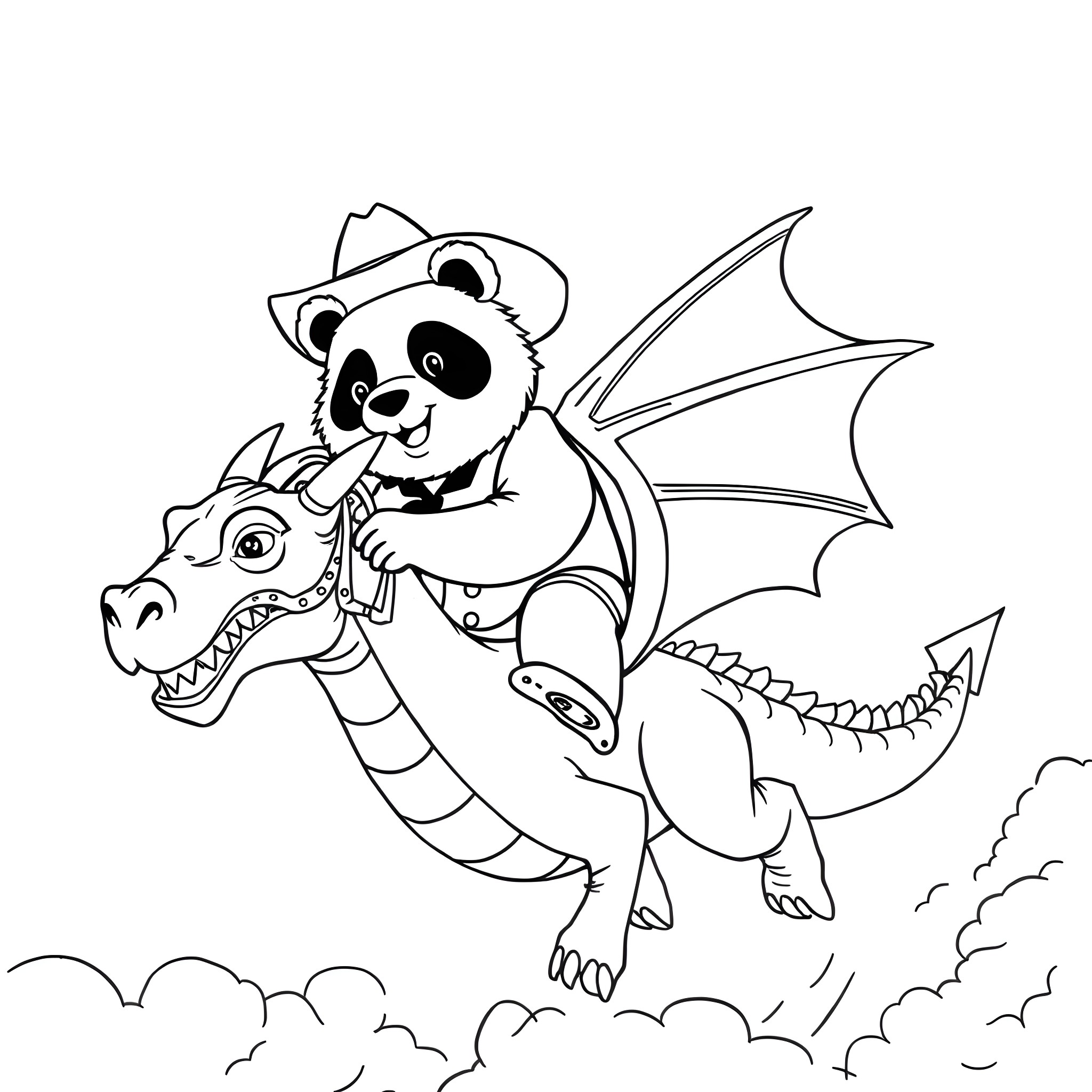 Panda riding a friendly dragon Coloring Page (free black-and-white line drawing printable PDF for all, from beginners to advanced learners, including children, teens, adults, and seniors)