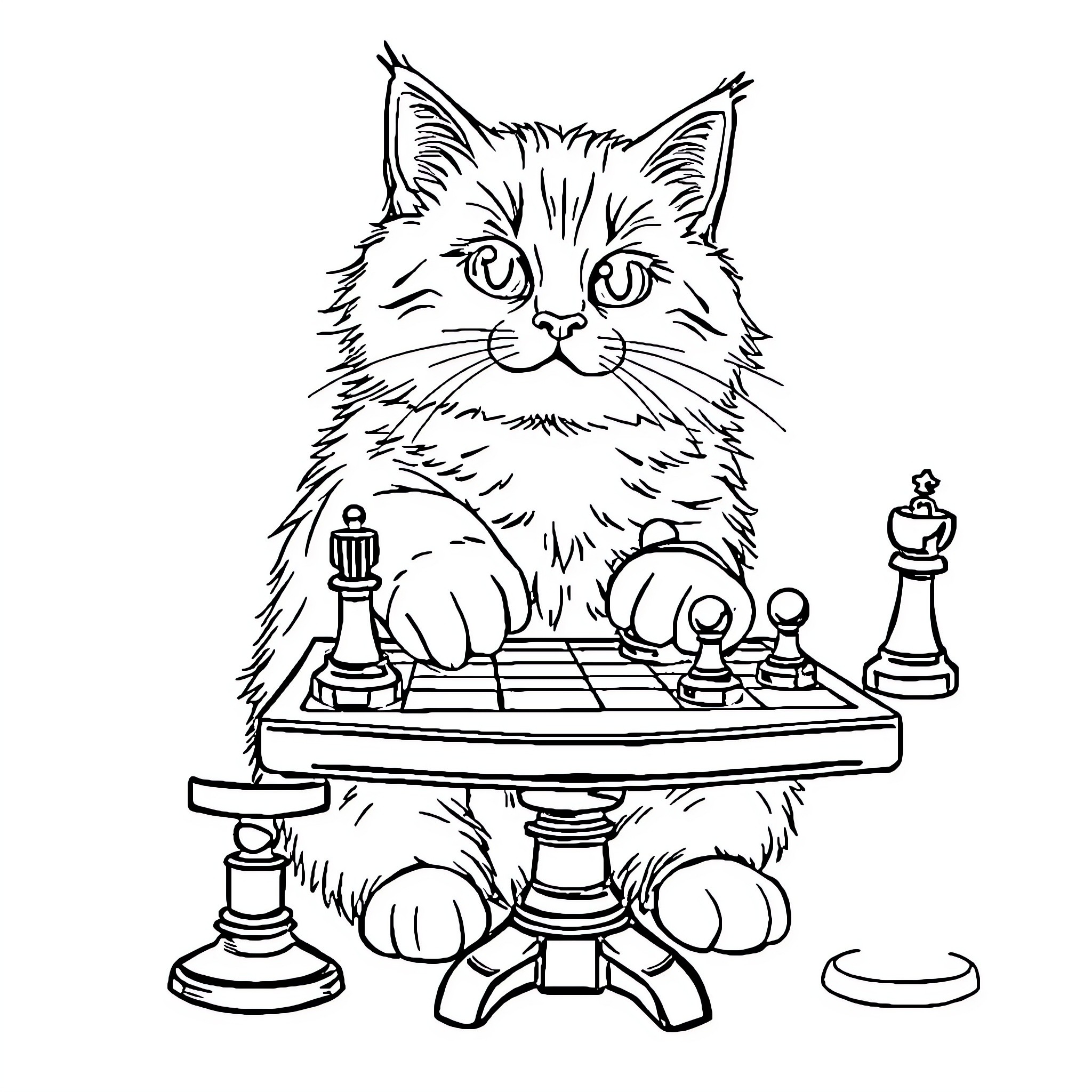 Cat playing chess on board Coloring Page (free black-and-white line drawing printable PDF for all, from beginners to advanced learners, including children, teens, adults, and seniors)