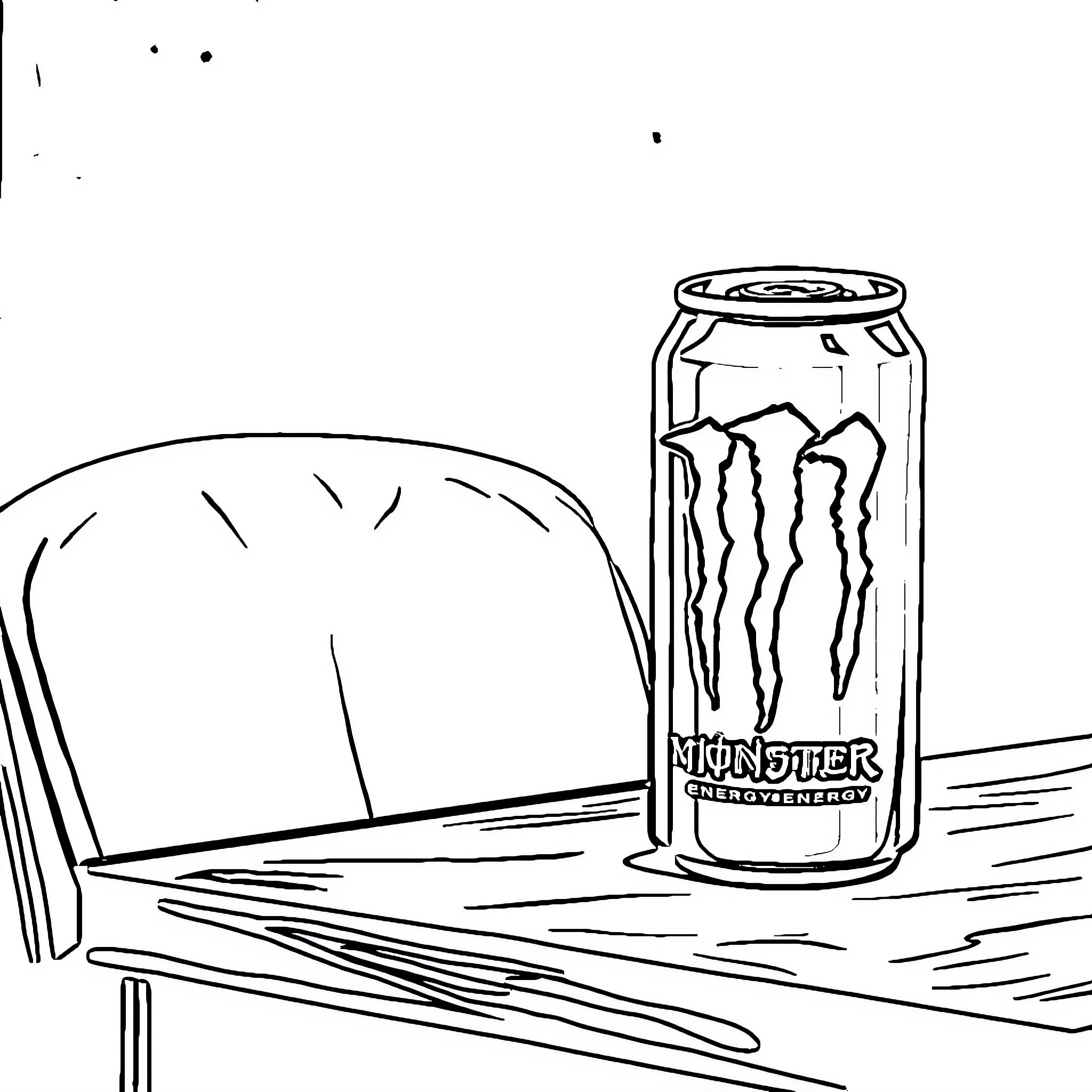 Monster Energy Drink on Wooden Table Coloring Page (free black-and-white line drawing printable PDF for all, from beginners to advanced learners, including children, teens, adults, and seniors)