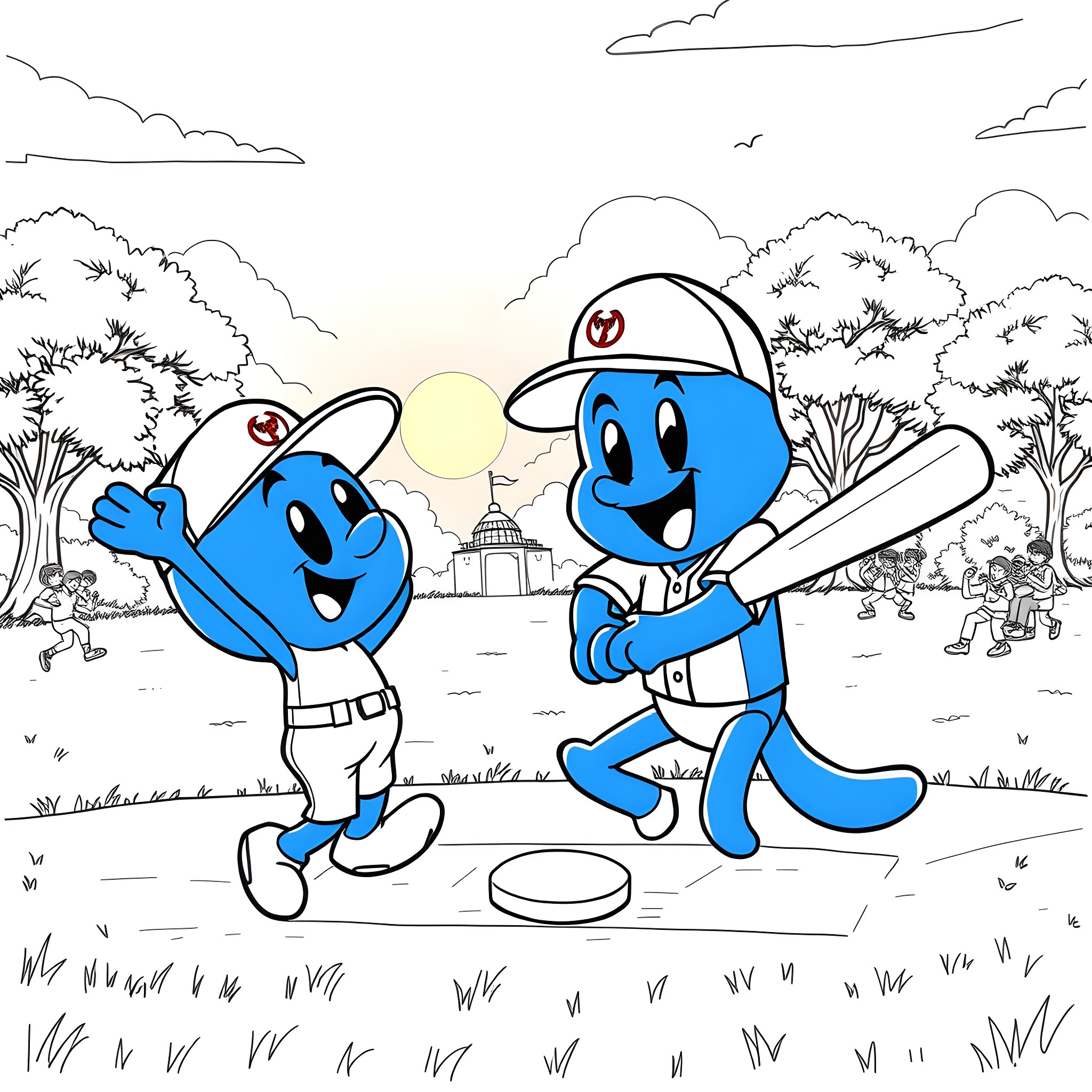 Bluey characters playing baseball in the park Coloring Page (free black-and-white line drawing printable PDF for all, from beginners to advanced learners, including children, teens, adults, and seniors)