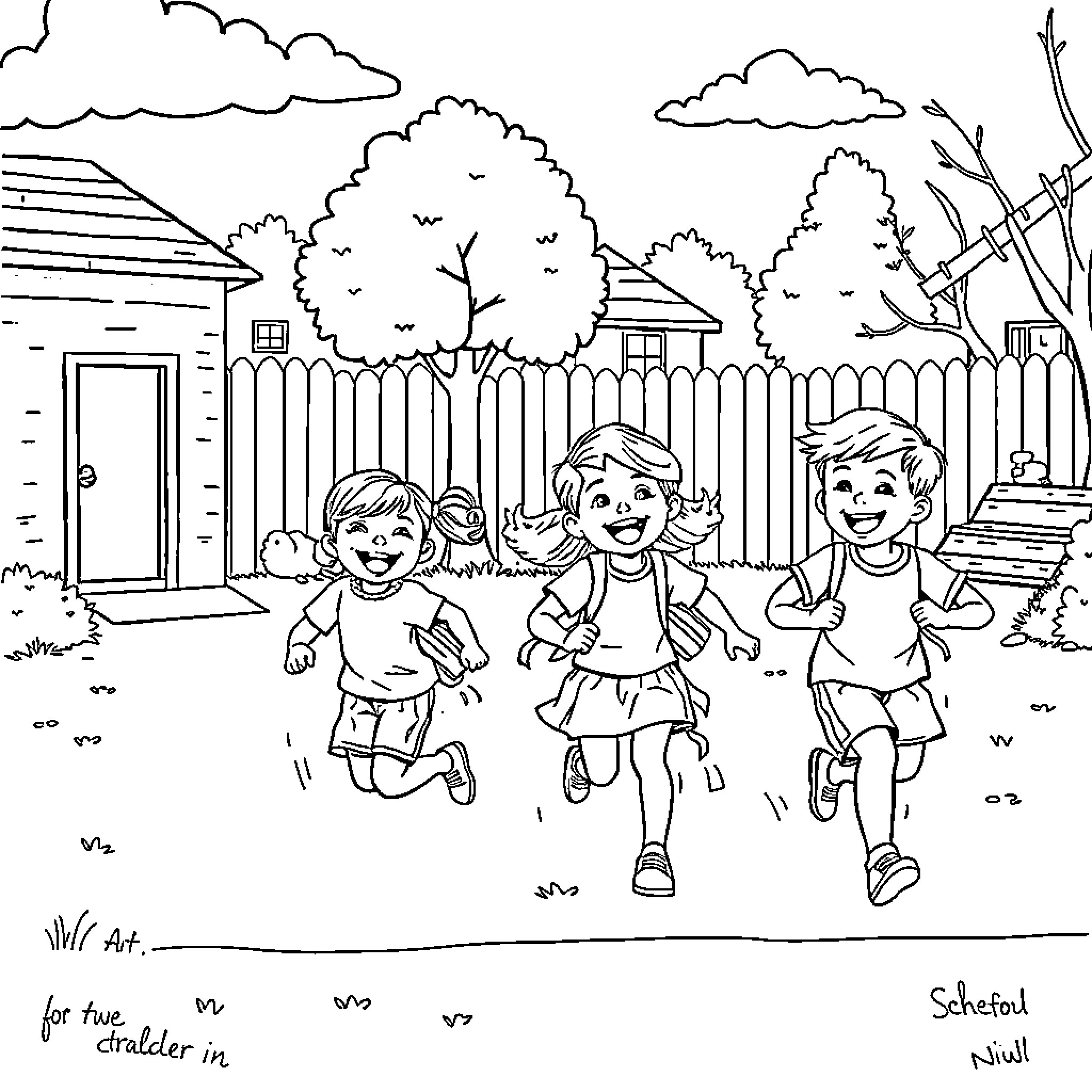 Kids playing happily in the backyard Coloring Page (free black-and-white line drawing printable PDF for all, from beginners to advanced learners, including children, teens, adults, and seniors)