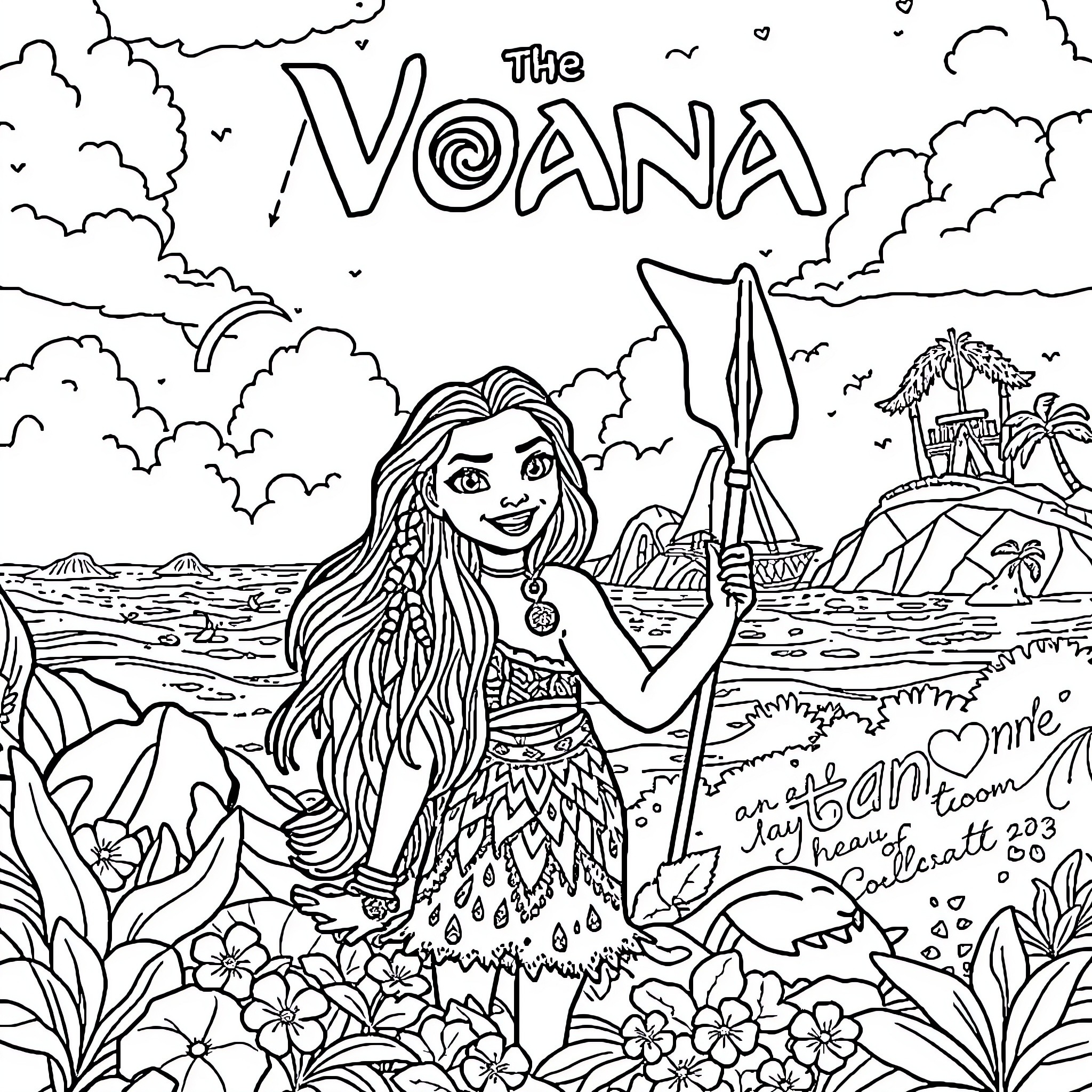 Moana exploring the tropical ocean landscape Coloring Page (free black-and-white line drawing printable PDF for all, from beginners to advanced learners, including children, teens, adults, and seniors)