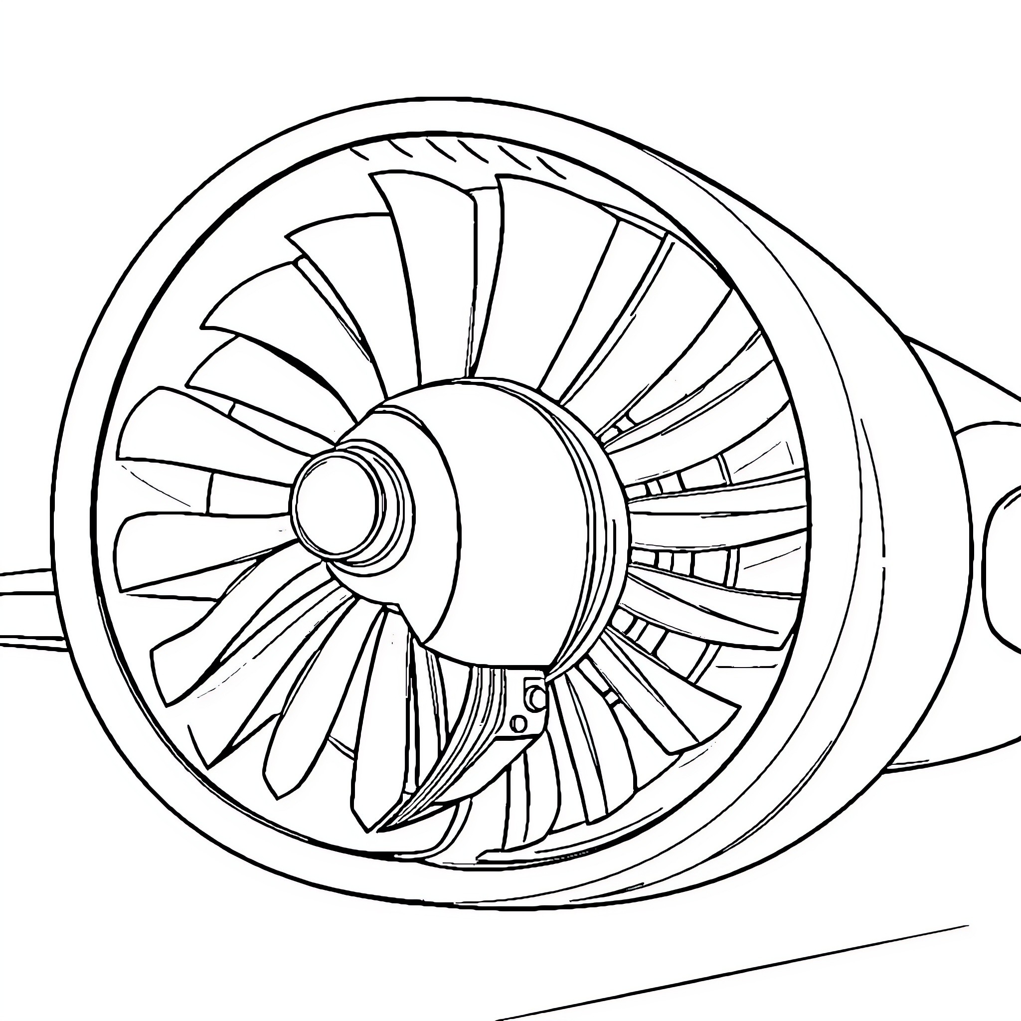 Aeroplane engine fan close-up Coloring Page (free black-and-white line drawing printable PDF for all, from beginners to advanced learners, including children, teens, adults, and seniors)