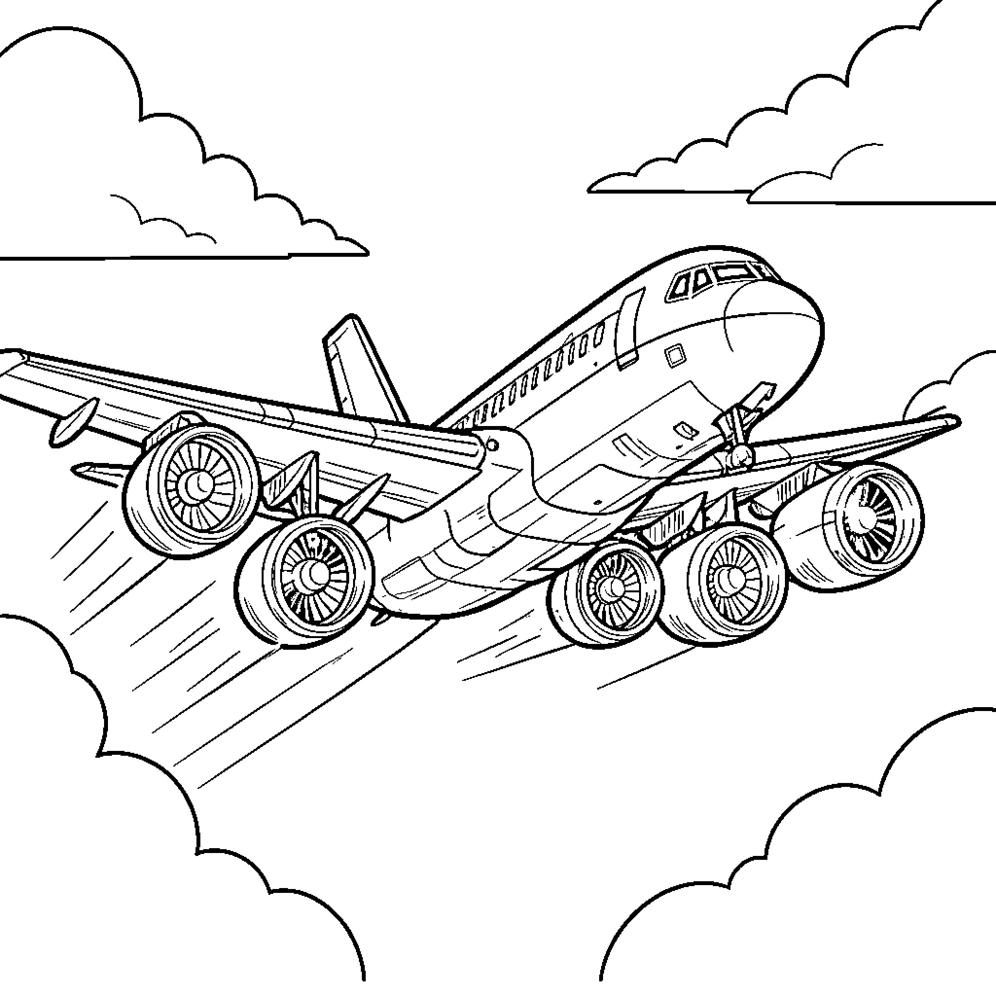 Airplane in flight over cloudy skies Coloring Page (free black-and-white line drawing printable PDF for all, from beginners to advanced learners, including children, teens, adults, and seniors)