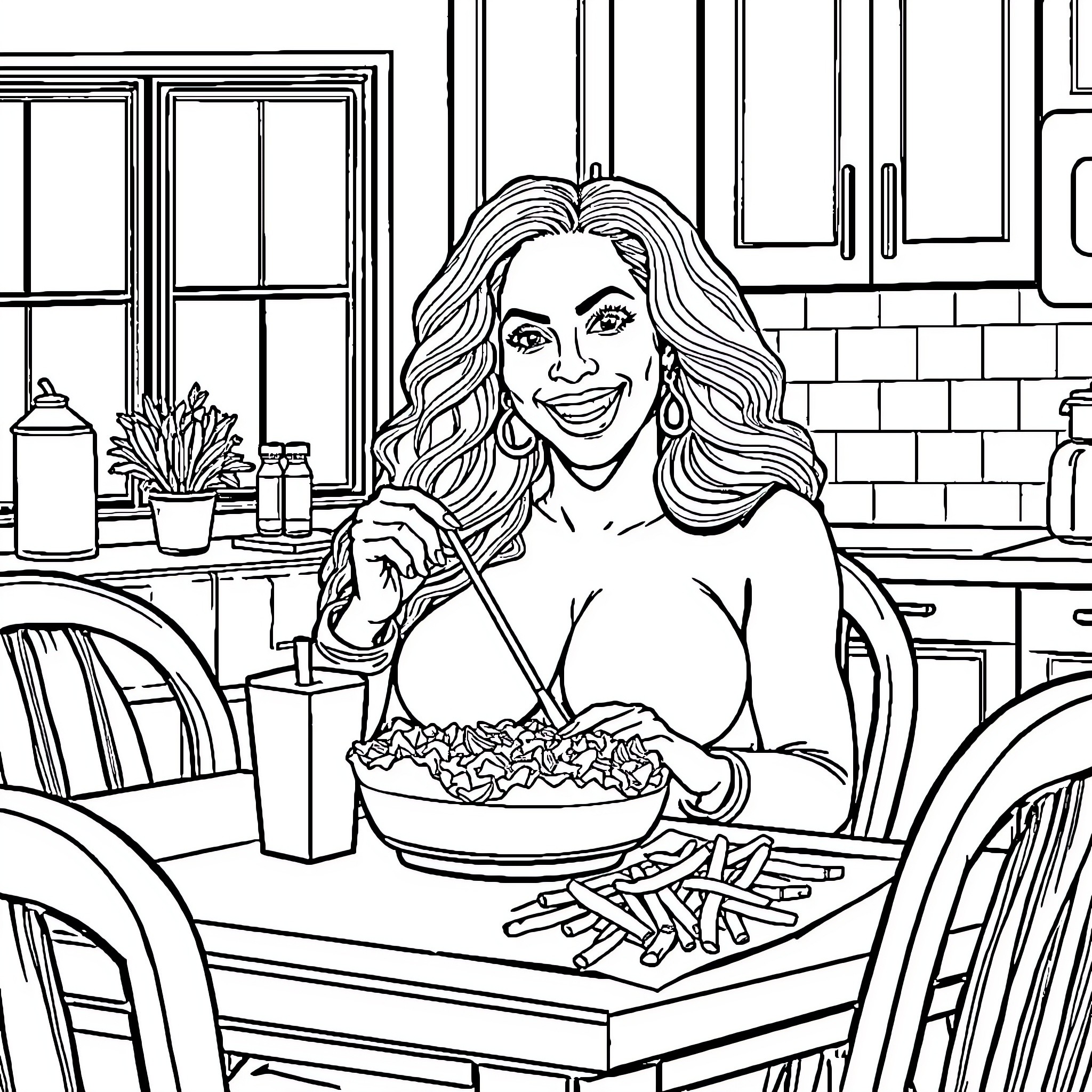 Beyonce Enjoying a Homemade Meal in the Kitchen Coloring Page (free black-and-white line drawing printable PDF for all, from beginners to advanced learners, including children, teens, adults, and seniors)