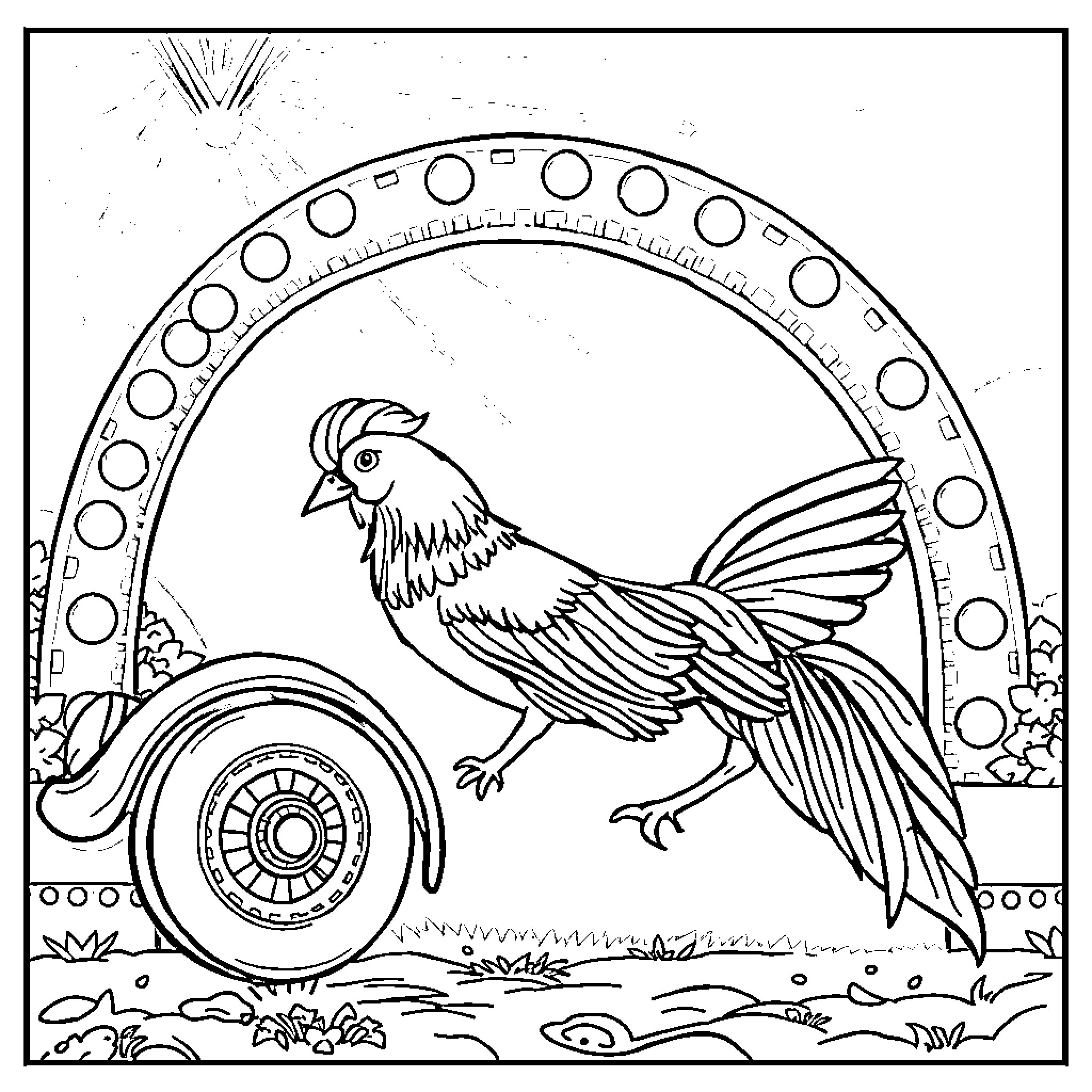 Car with Rooster in Ornate Frame Coloring Page (free black-and-white line drawing printable PDF for all, from beginners to advanced learners, including children, teens, adults, and seniors)