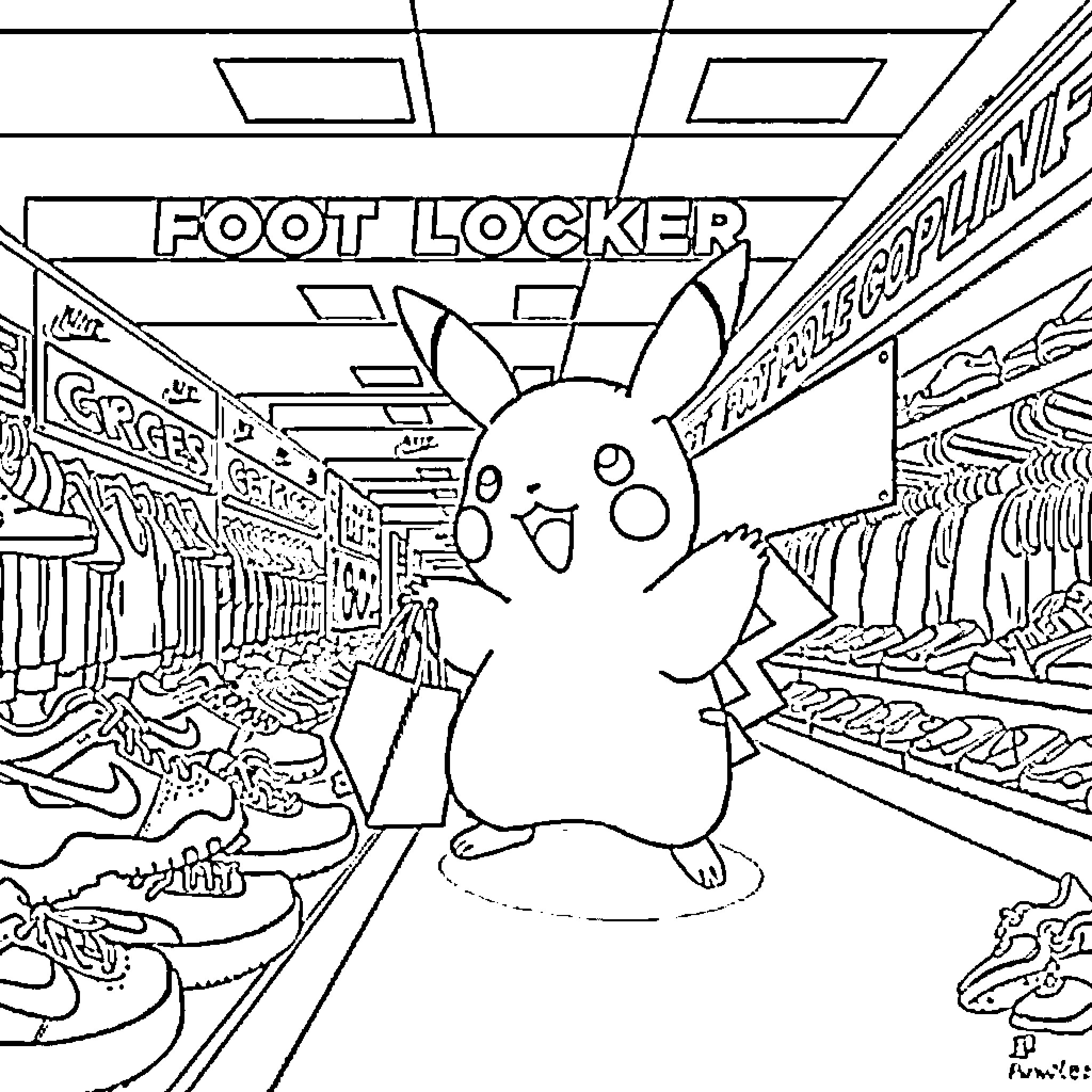 Pikachu shopping happily in a foot locker Coloring Page (free black-and-white line drawing printable PDF for all, from beginners to advanced learners, including children, teens, adults, and seniors)