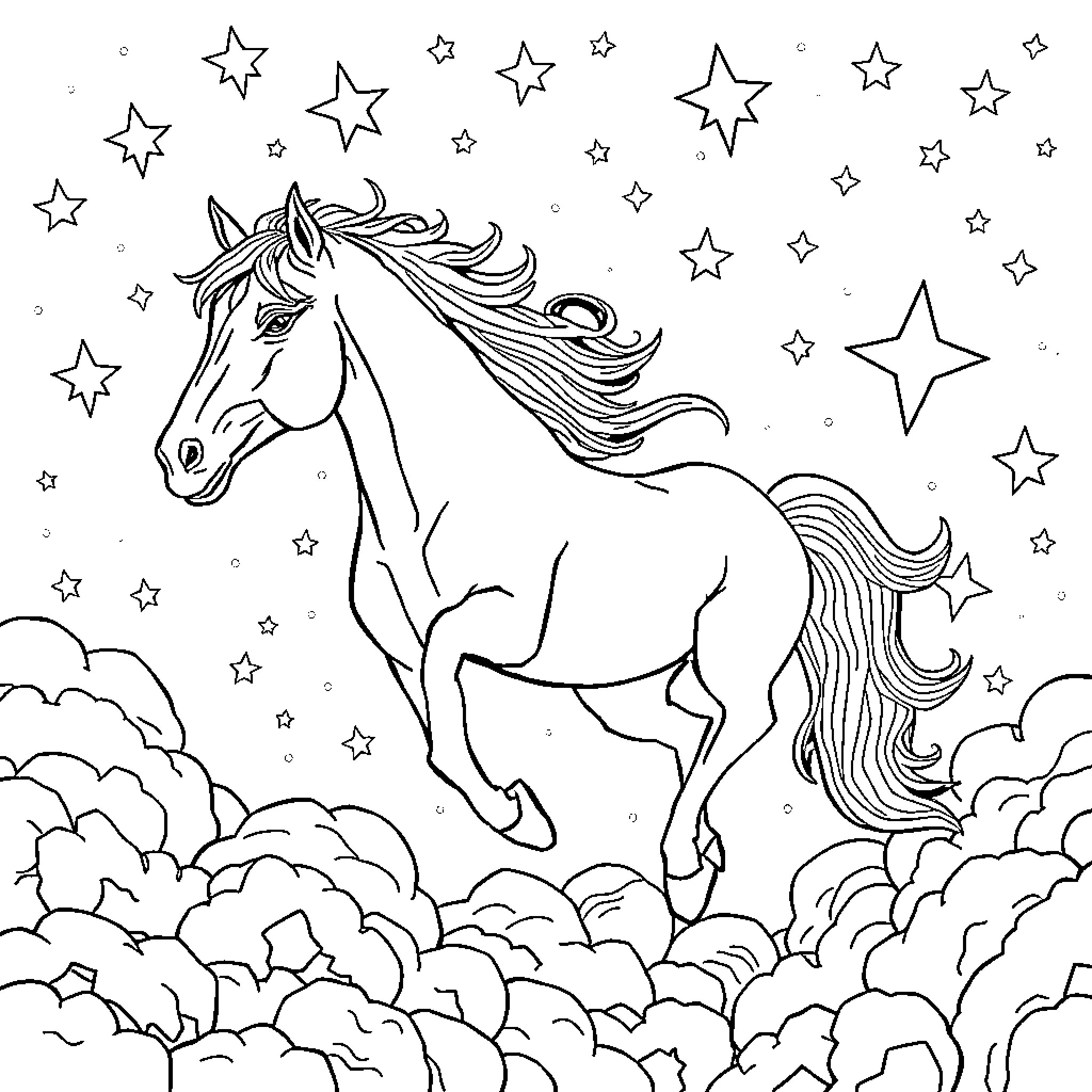 Horse galloping through a starry night sky Coloring Page (free black-and-white line drawing printable PDF for all, from beginners to advanced learners, including children, teens, adults, and seniors)