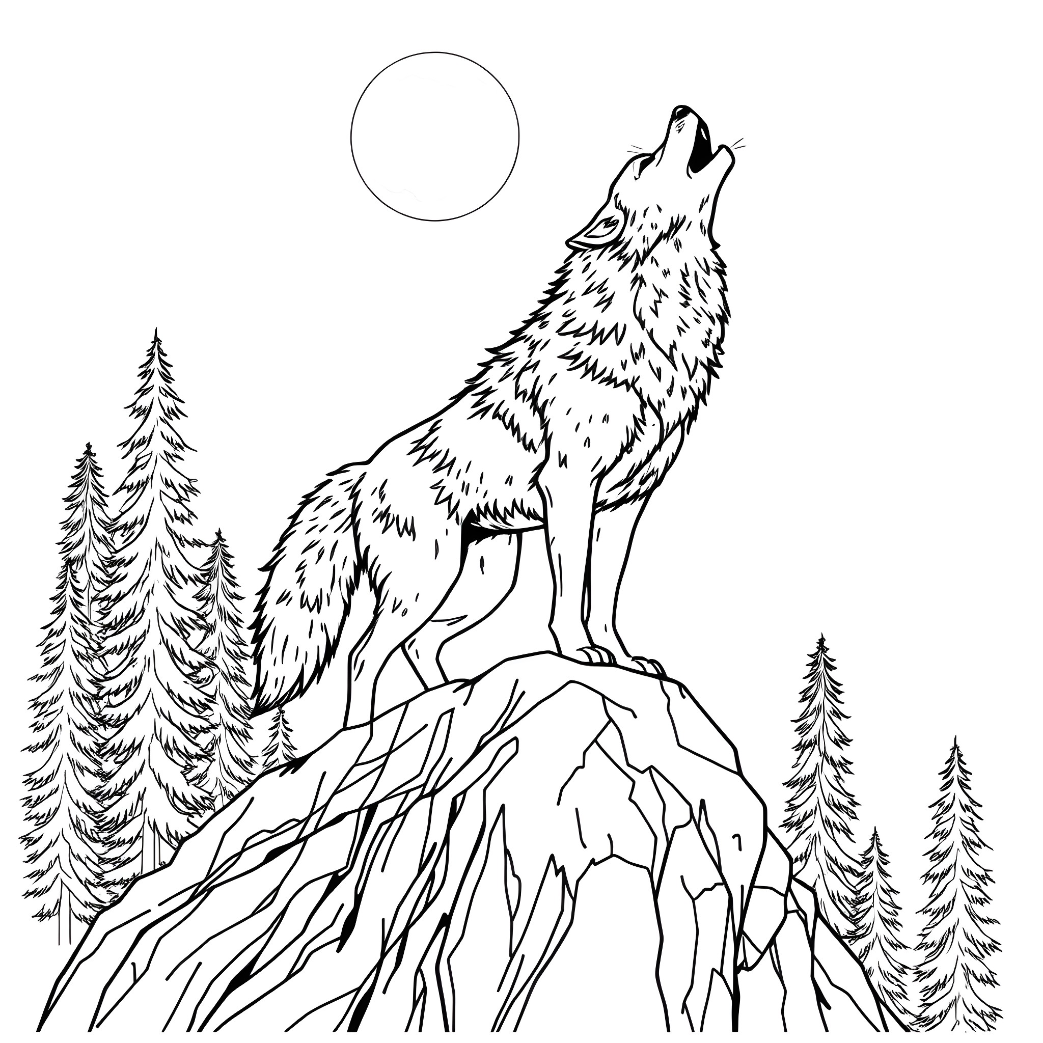 Wolf howling under the moonlight in the forest Coloring Page (free black-and-white line drawing printable PDF for all, from beginners to advanced learners, including children, teens, adults, and seniors)