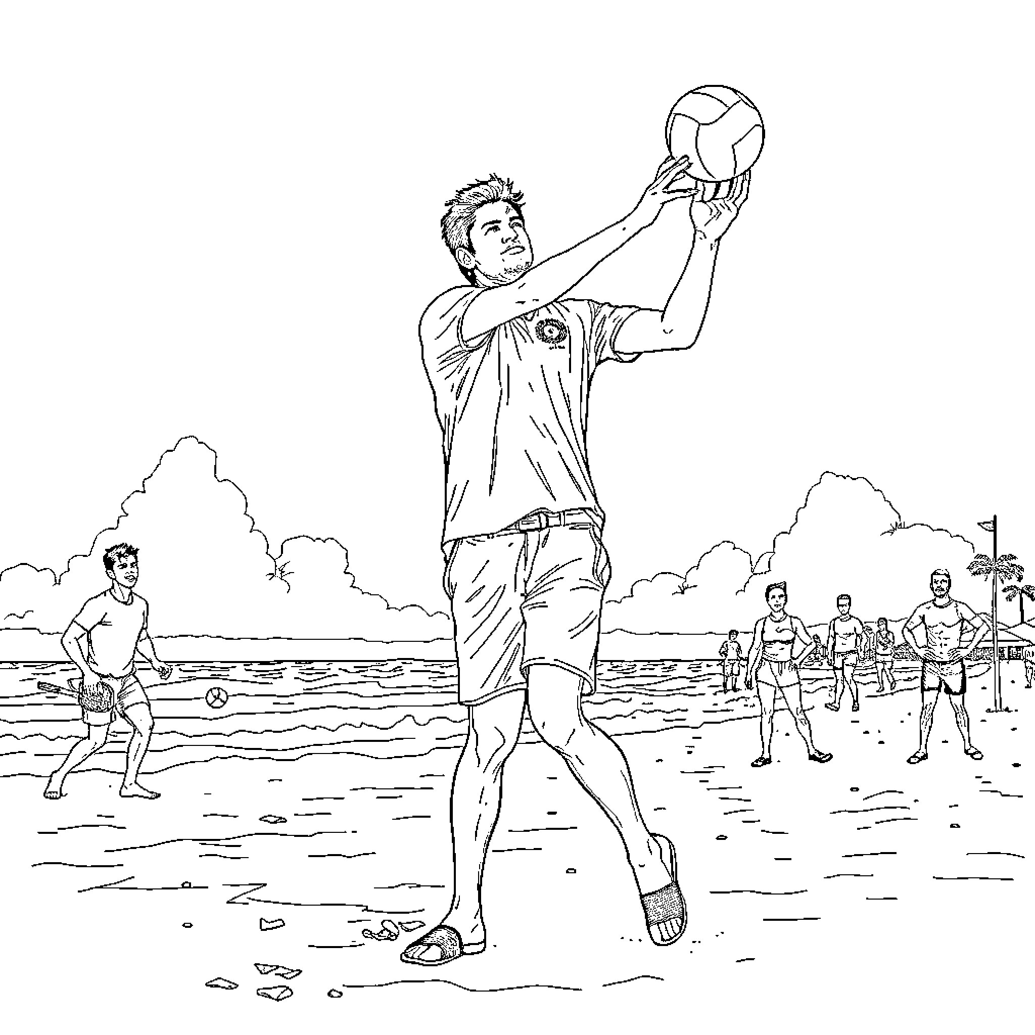 Sachin Tendulkar playing volleyball on the beach Coloring Page (free black-and-white line drawing printable PDF for all, from beginners to advanced learners, including children, teens, adults, and seniors)
